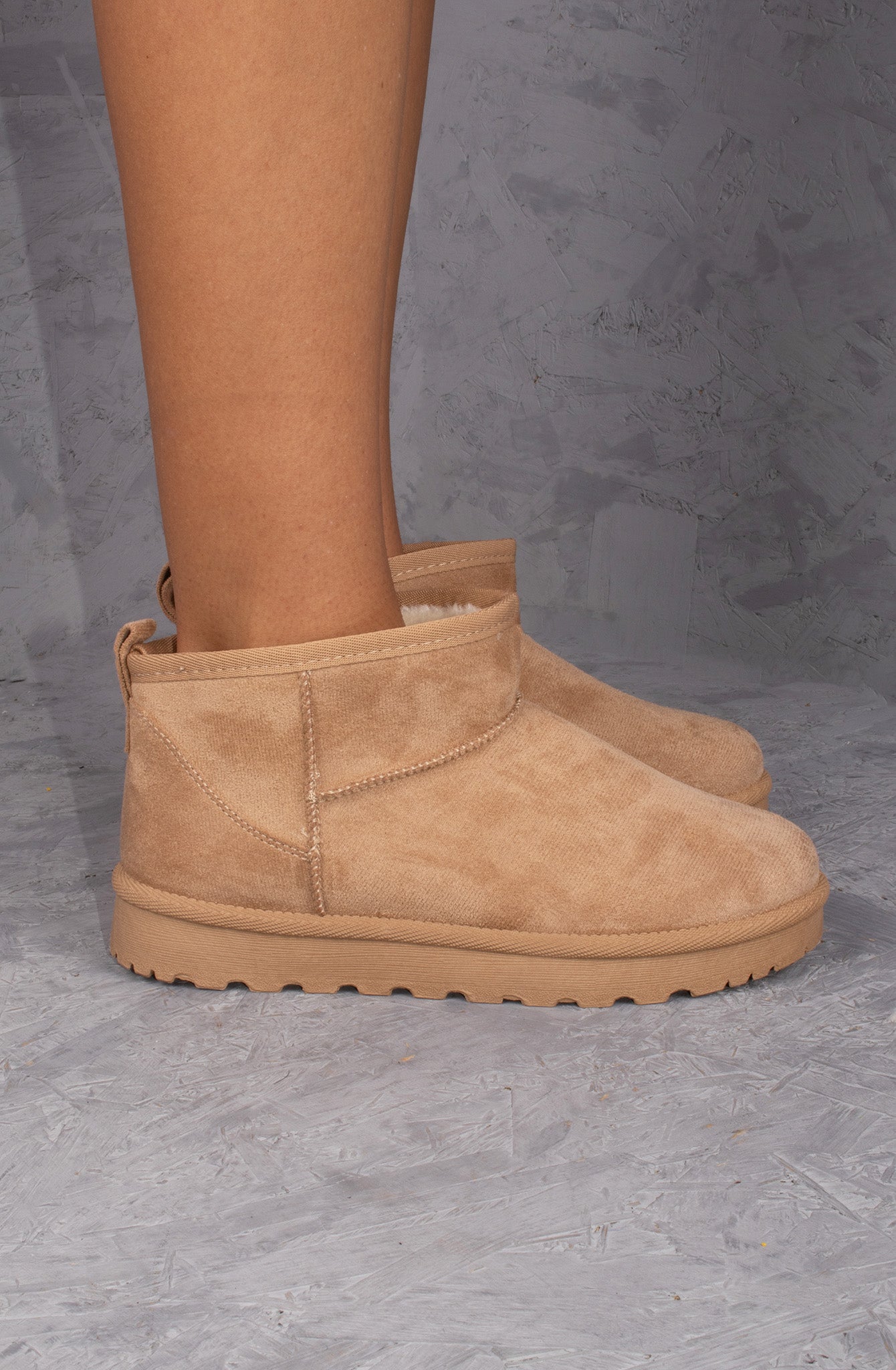Ultra Mini Ankle Length Faux Fur Lining Boots In Beige Faux Suede