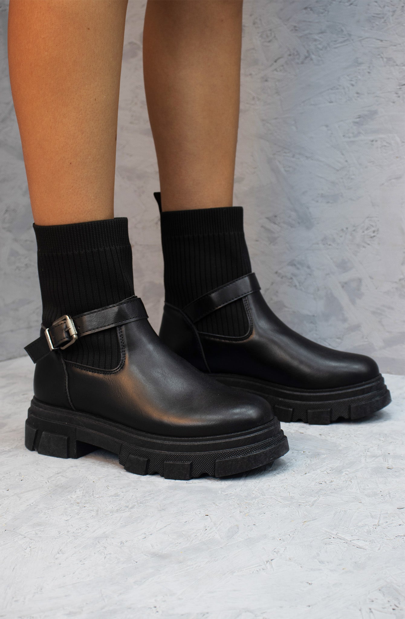 Black Chunky Faux Leather Buckle Sock Boot