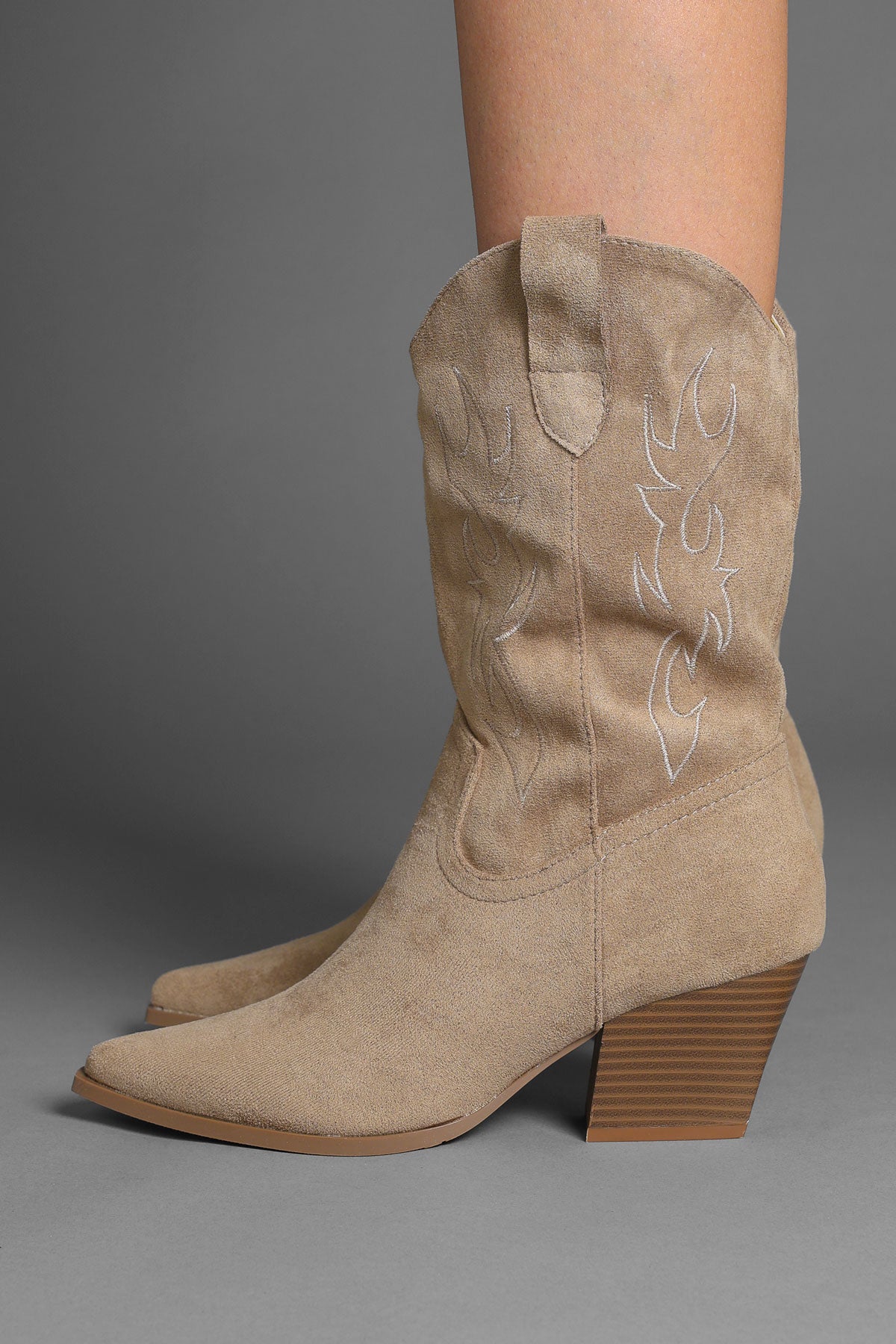 Taupe Faux Suede Flame Embroidered Western Cowboy Boots