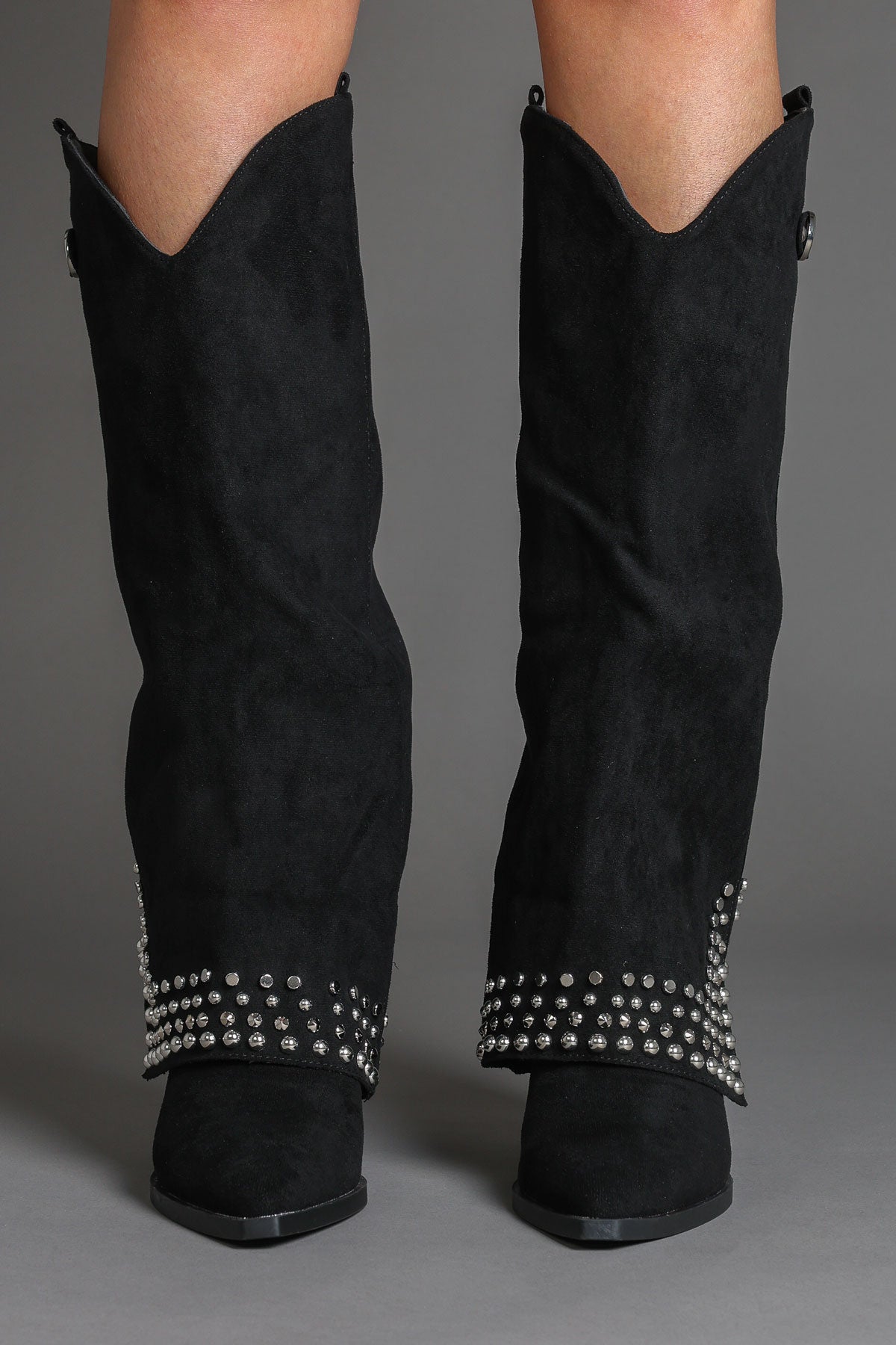 Black Faux Suede Studded Fold Over Slouch Western Cowboy Boots