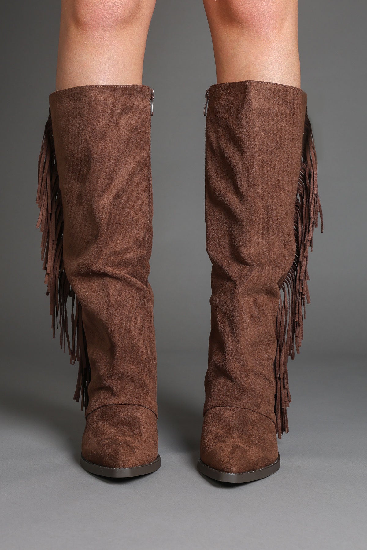 Brown Faux Suede Fringe Slouchy Knee-High Western Cowboy Boots