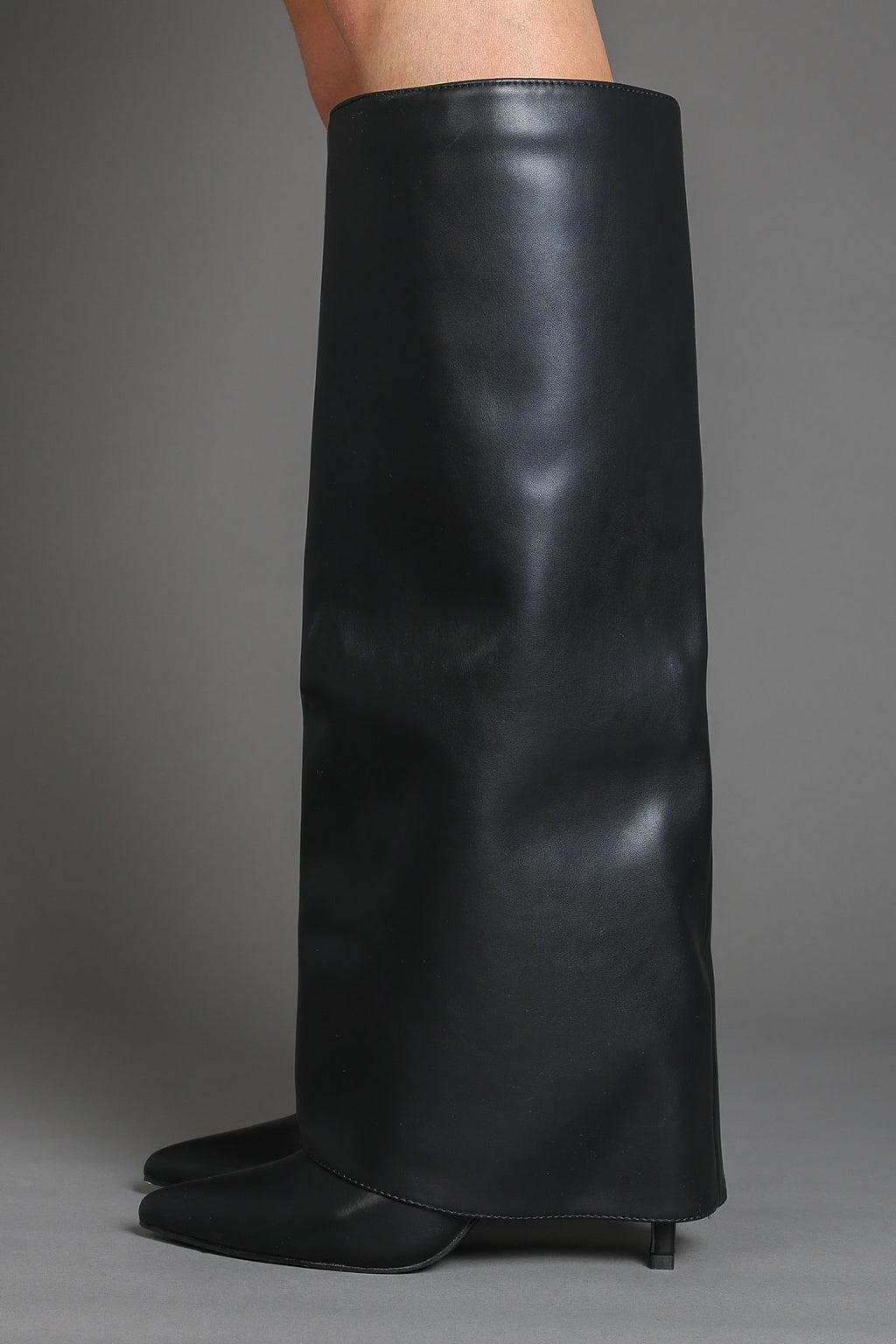 Black Faux Leather Stiletto Slouchy Fold Over Knee-High Boots