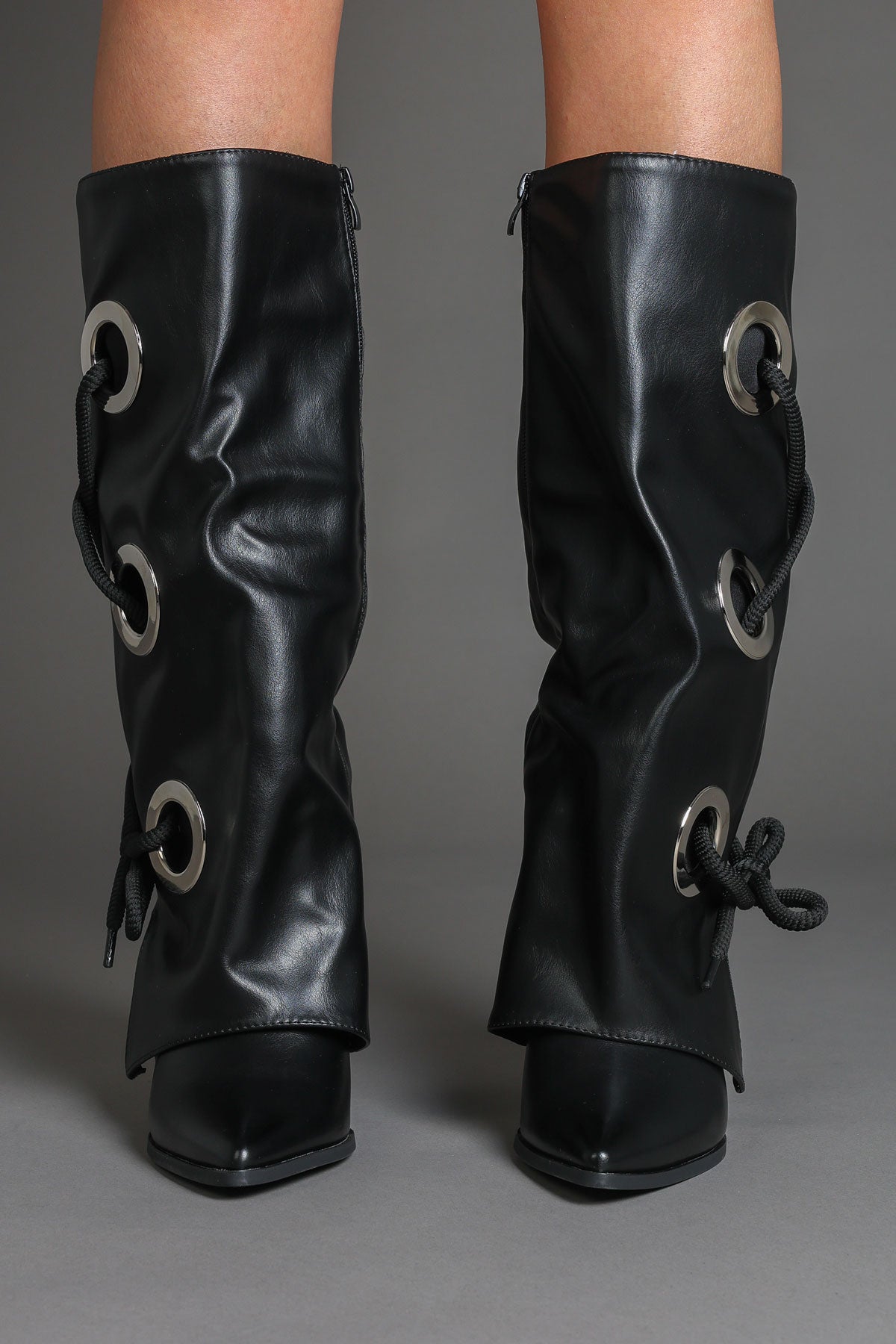 Black Faux Leather Fold Over Lace Detail Knee-High