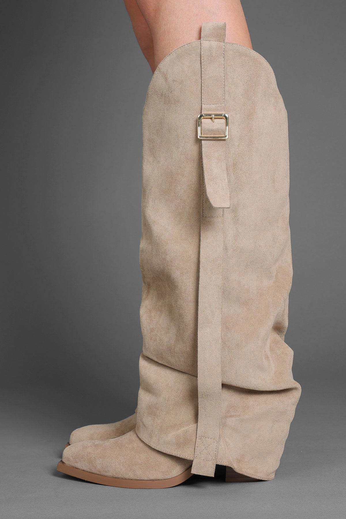 Taupe Suede Slouchy Fold Over Western Cowboy Boots