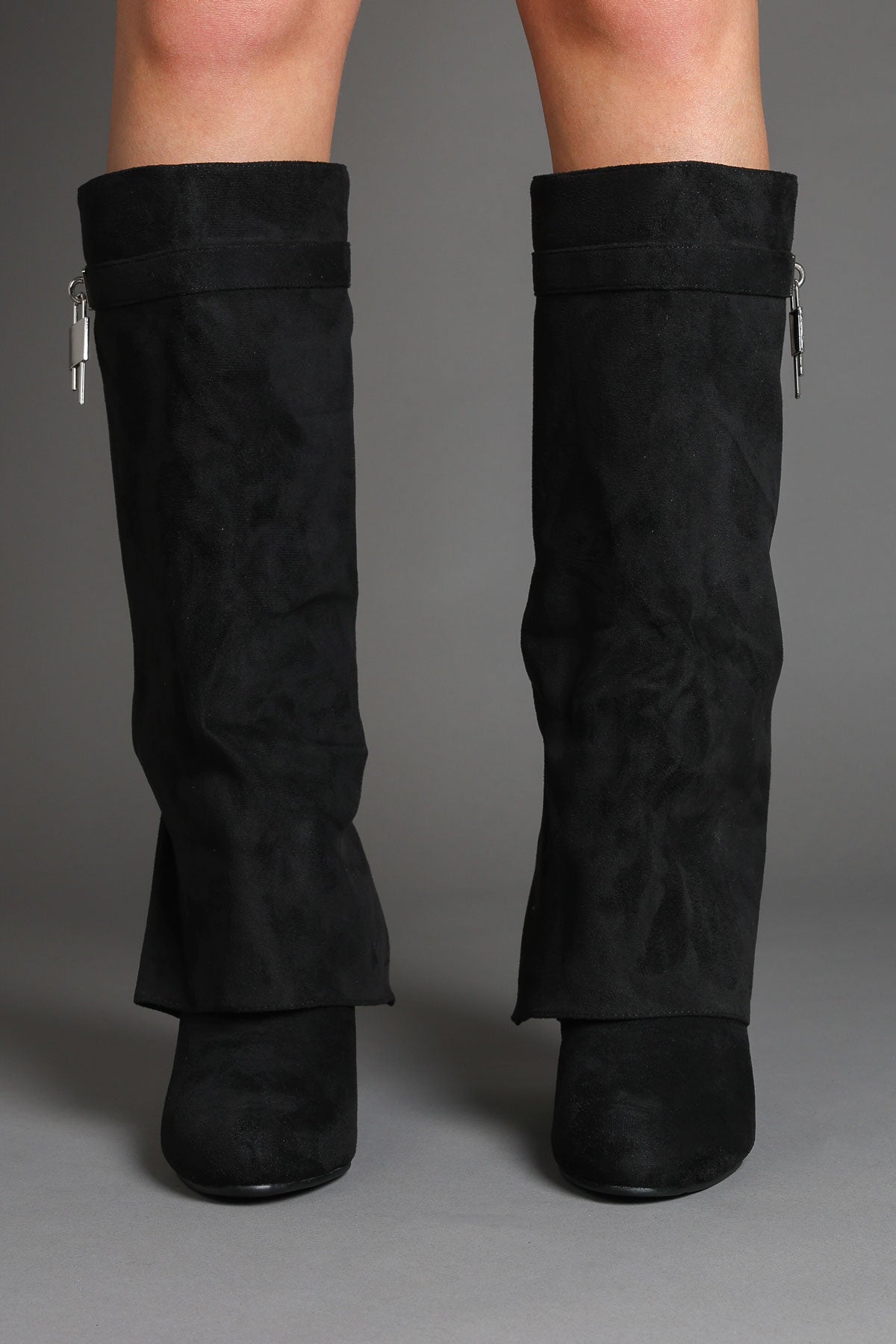 Black Suede Wedge Fold Over Padlock Detail Boots