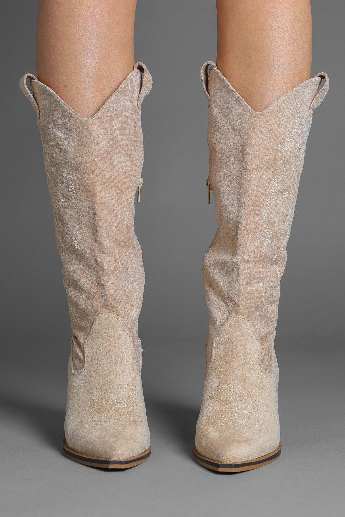 Beige Faux Suede Embroidered Classic Western Cowboy Boots