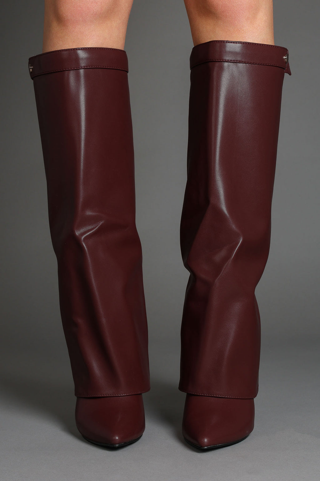 Burgundy Fold Over Stiletto Boots with Pointed Toe