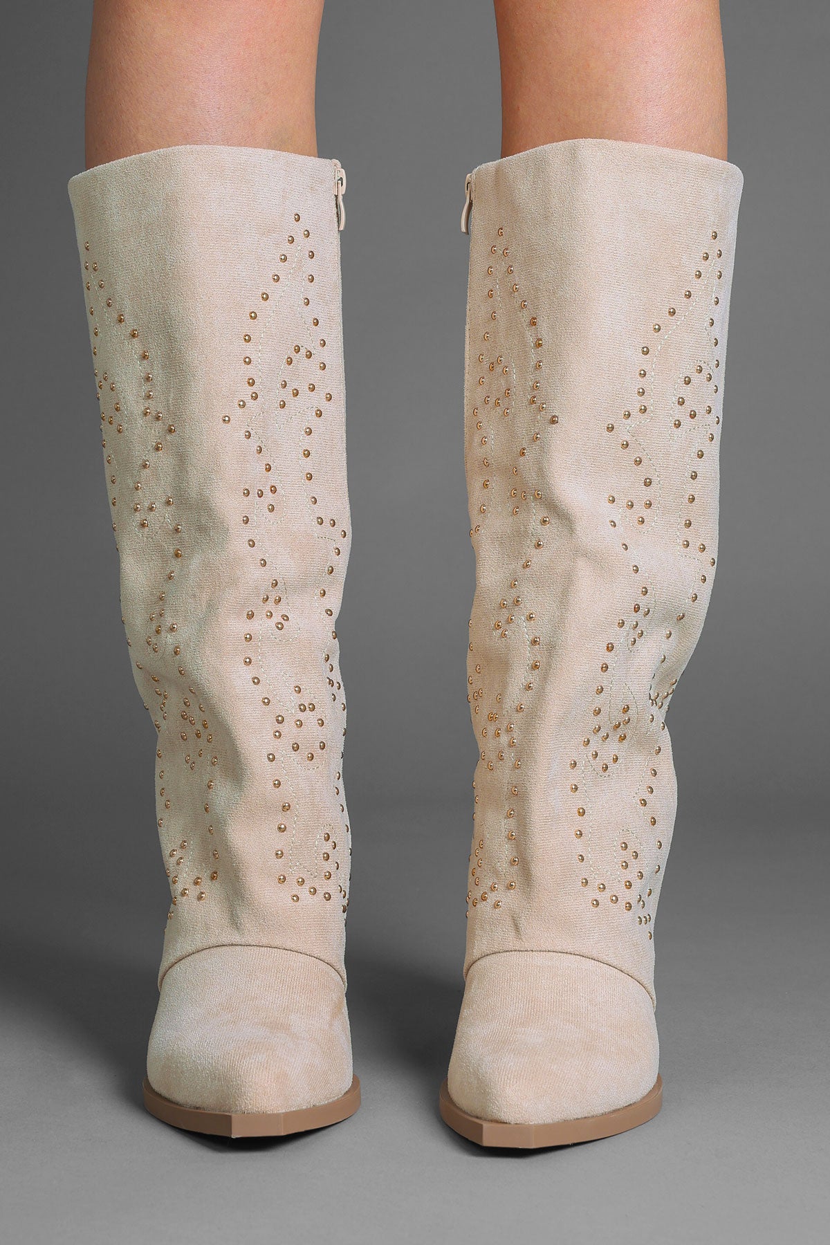 Beige Faux Suede Studded Slouchy Western Cowboy Boots