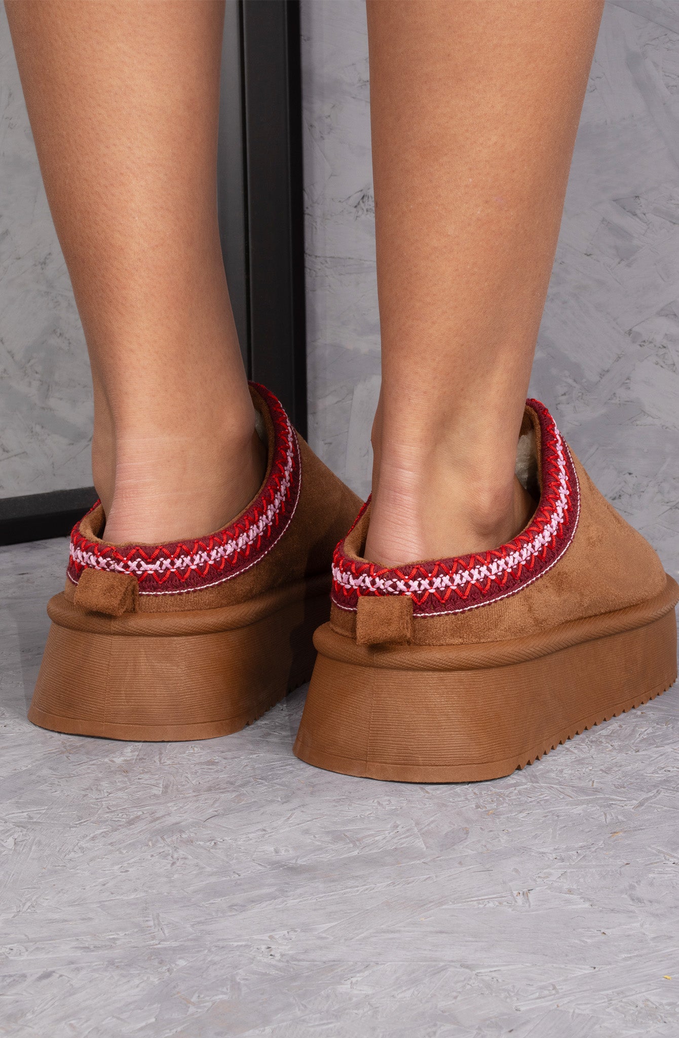 Vanilla Suede Embroidered Chunky Platform Slippers Shoes - Cherry Red