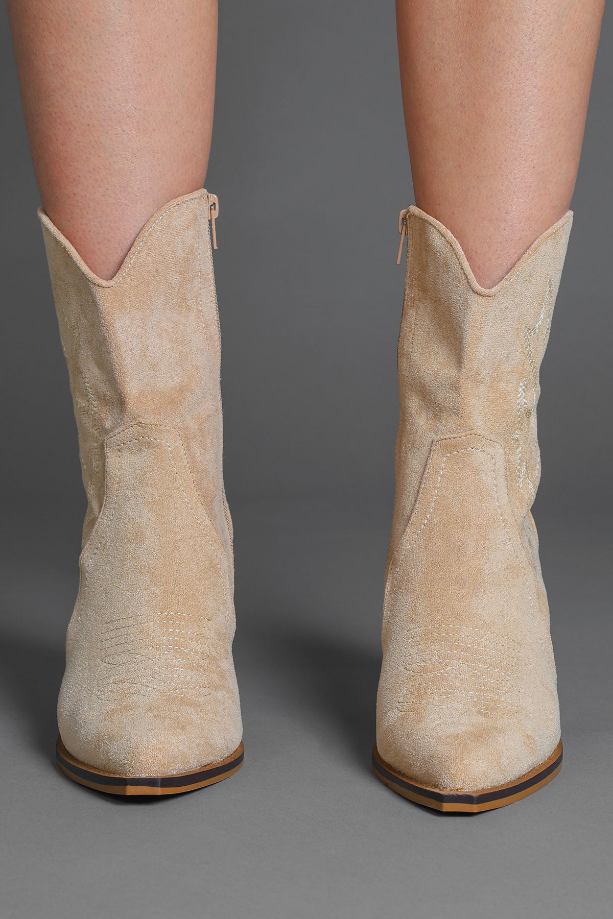 Beige Faux Suede Embroidered Classic Western Ankle Cowboy Boots