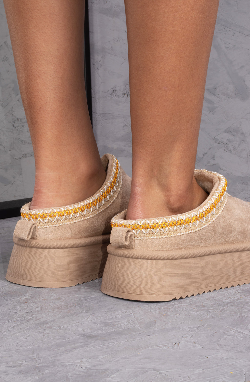 Vanilla Suede Embroidered Chunky Platform Slippers Shoes - Beige