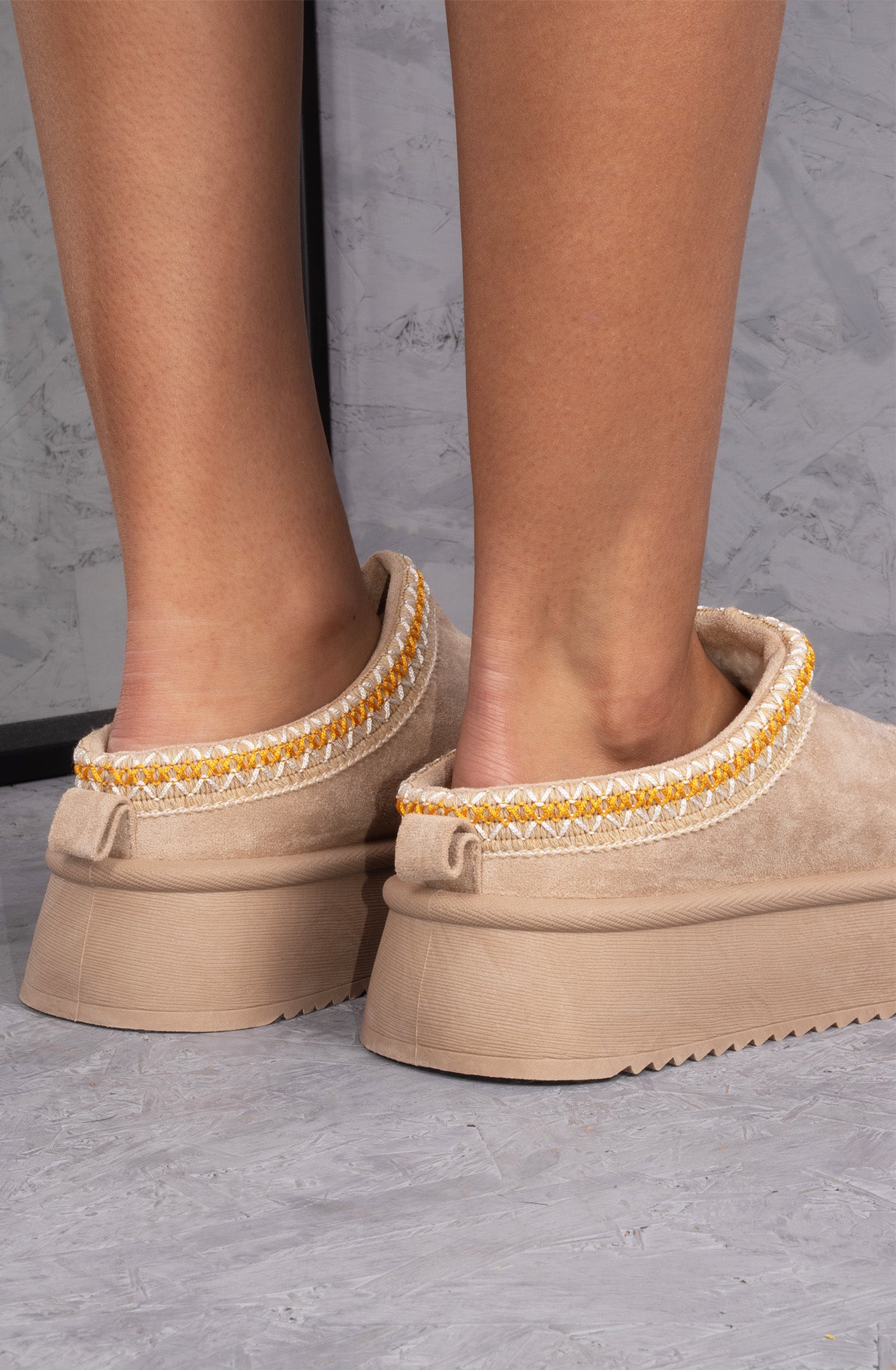 Vanilla Suede Embroidered Chunky Platform Slippers Shoes - Beige