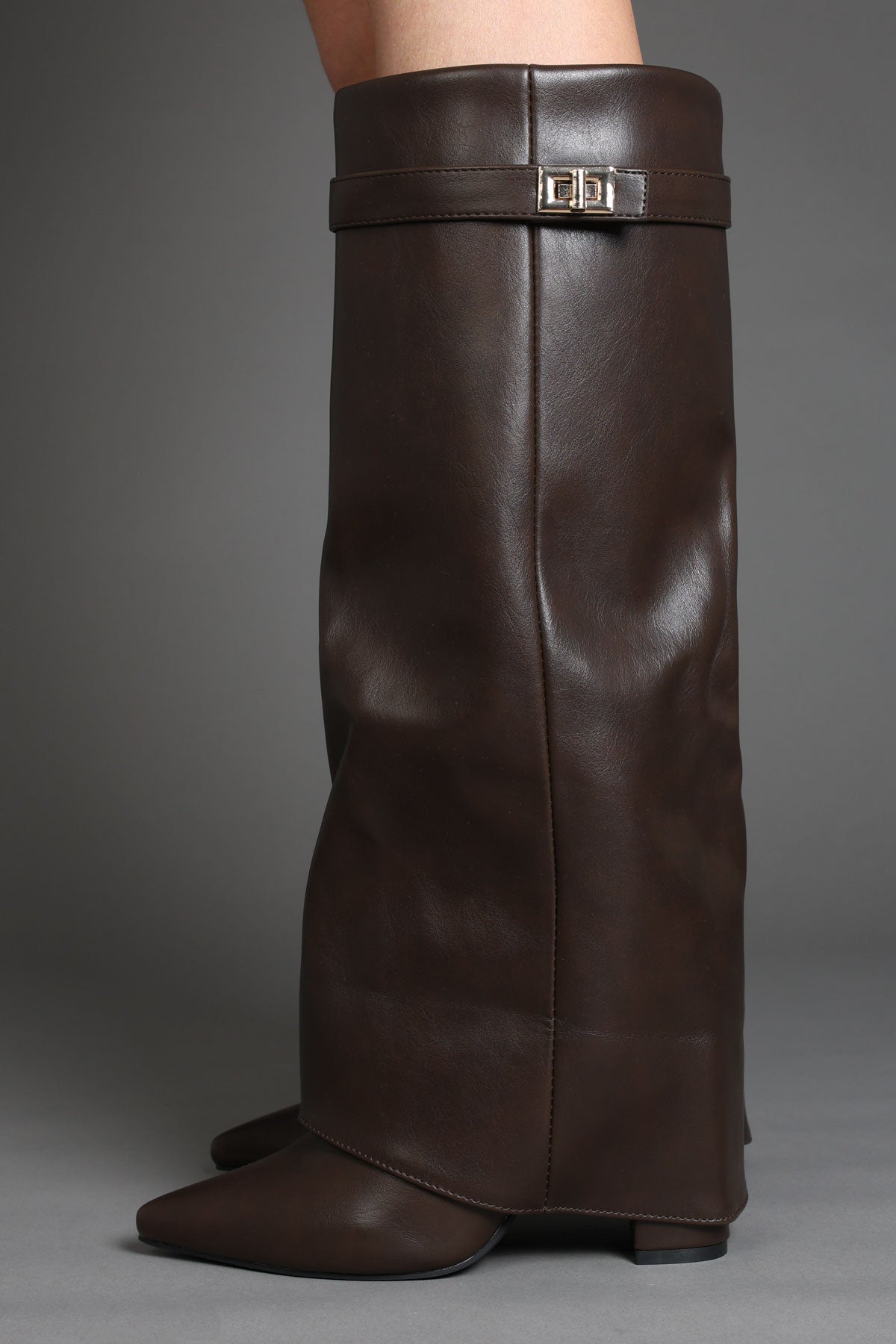 Brown Faux Leather Slouchy Fold-Over Boots with Buckle Detail