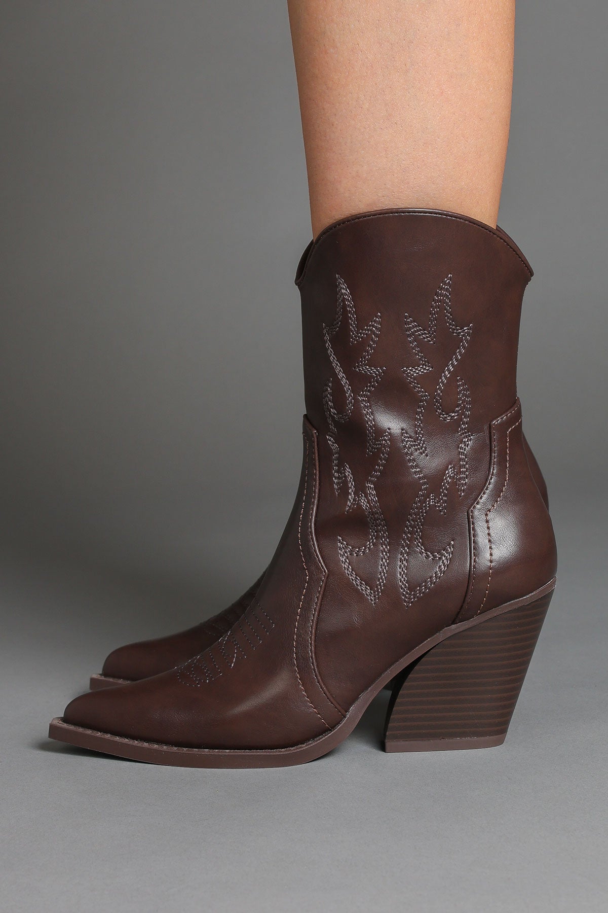 Brown Faux Leather Embroidered Classic Western Ankle Cowboy Boots