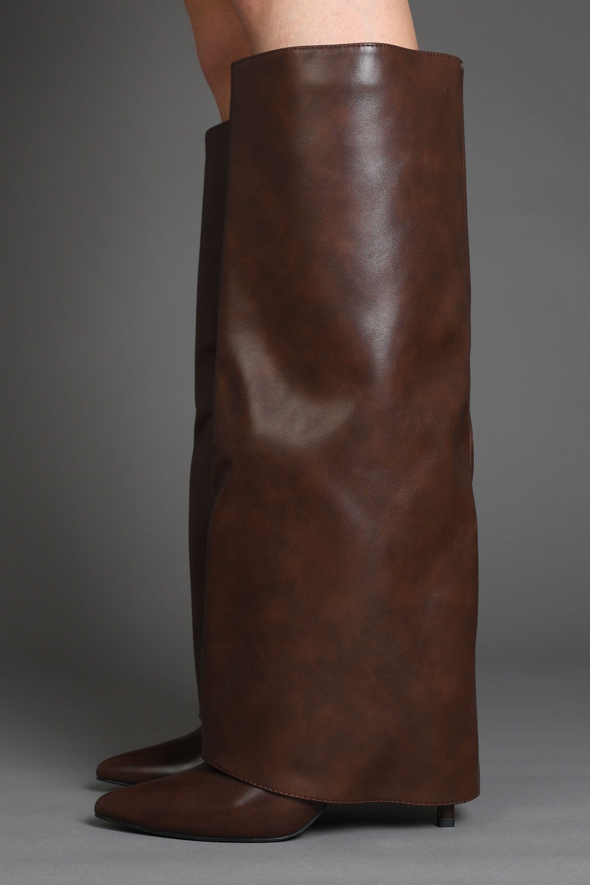Brown Faux Leather Stiletto Slouchy Fold Over Knee-High Boots