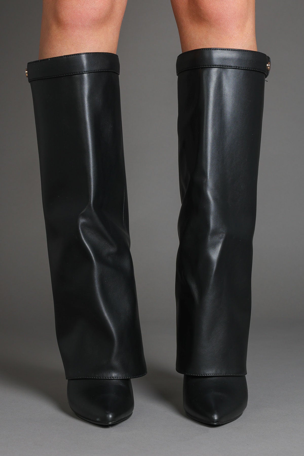 Black Fold Over Stiletto Boots with Pointed Toe