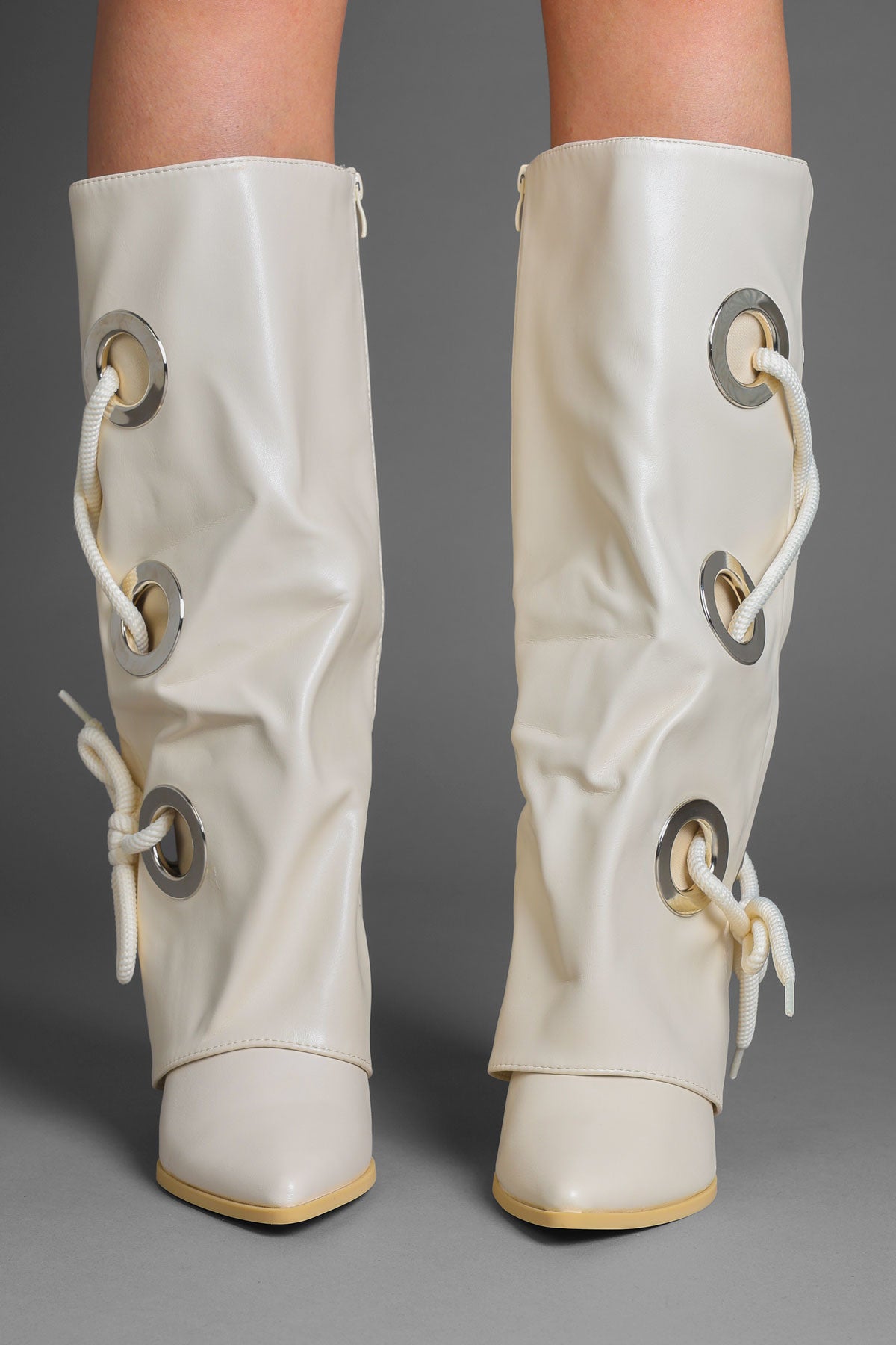 Beige Faux Leather Fold Over Lace Detail Knee-High