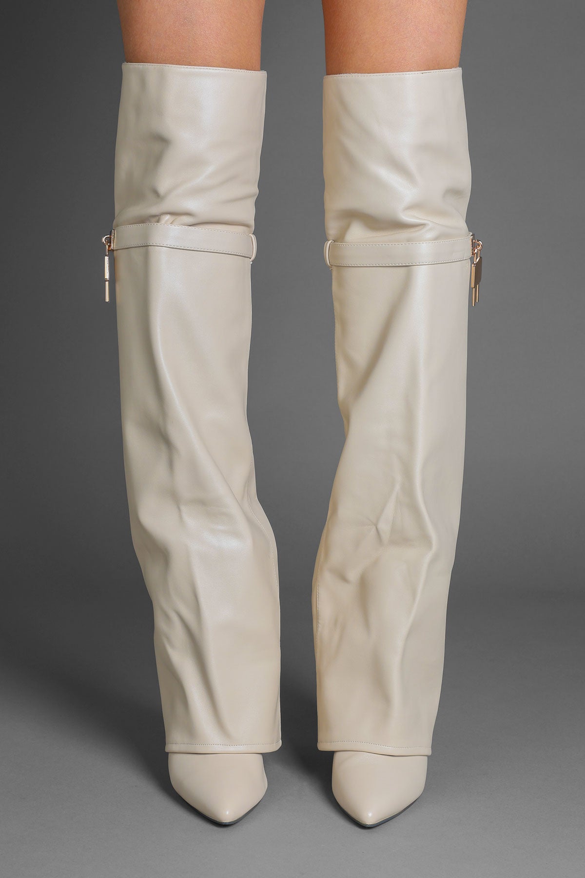 Beige Faux Leather Lock Detail Fold Over Shark Thigh High Long Boots