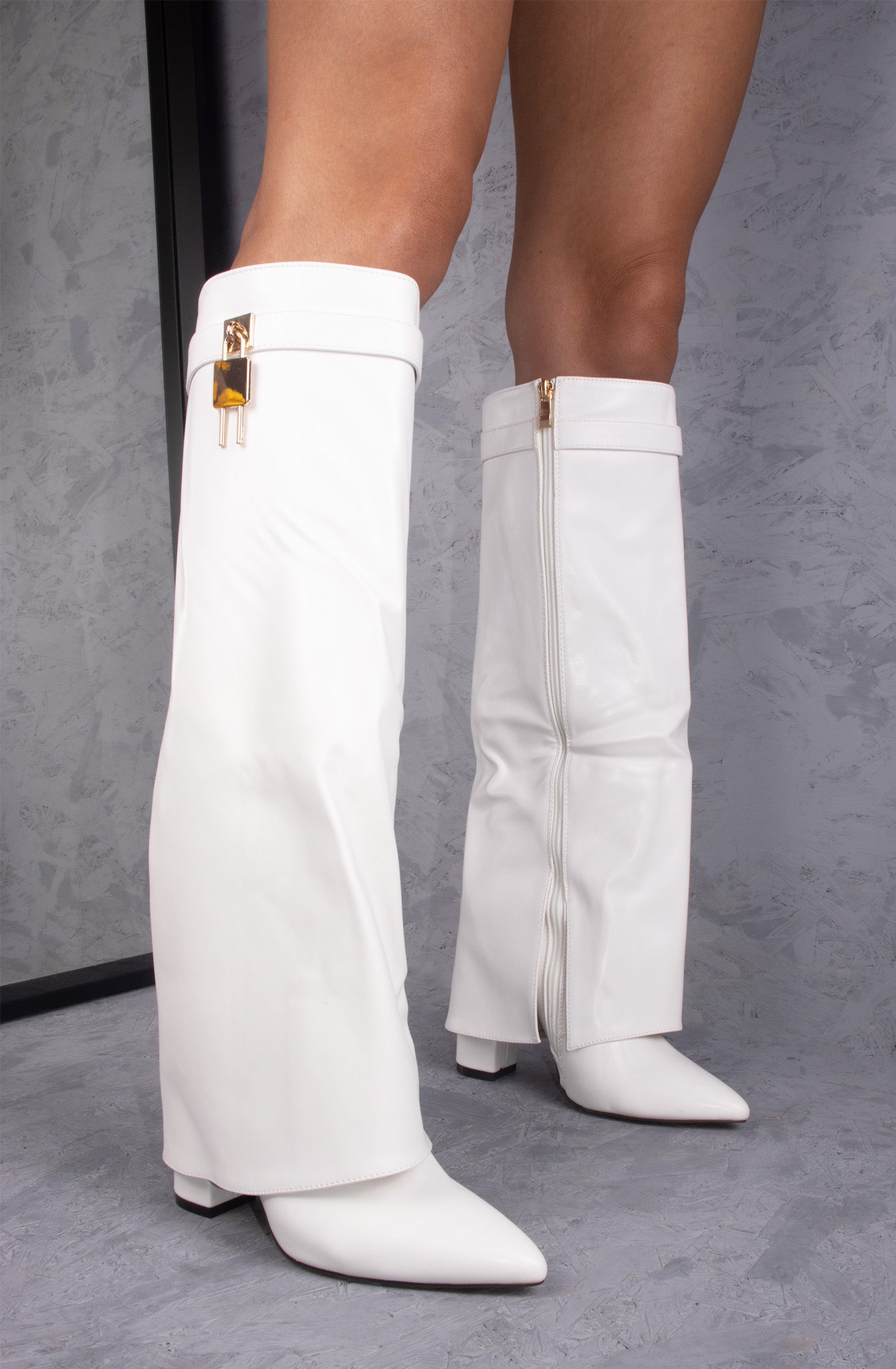 Queen Shark Faux Leather Fold Over Shark Lock Buckle Knee High Boot White