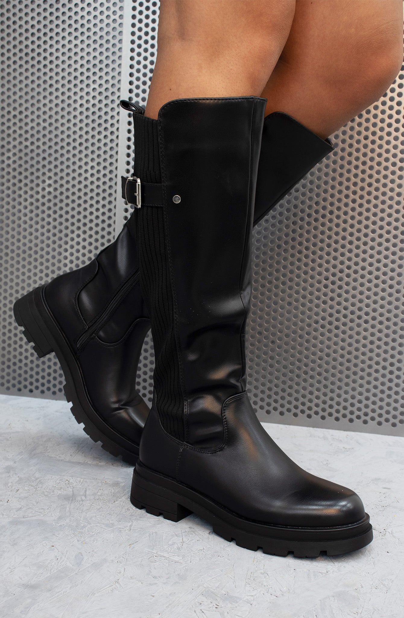 Snake Knee High Sock Fit Platform Boot Black