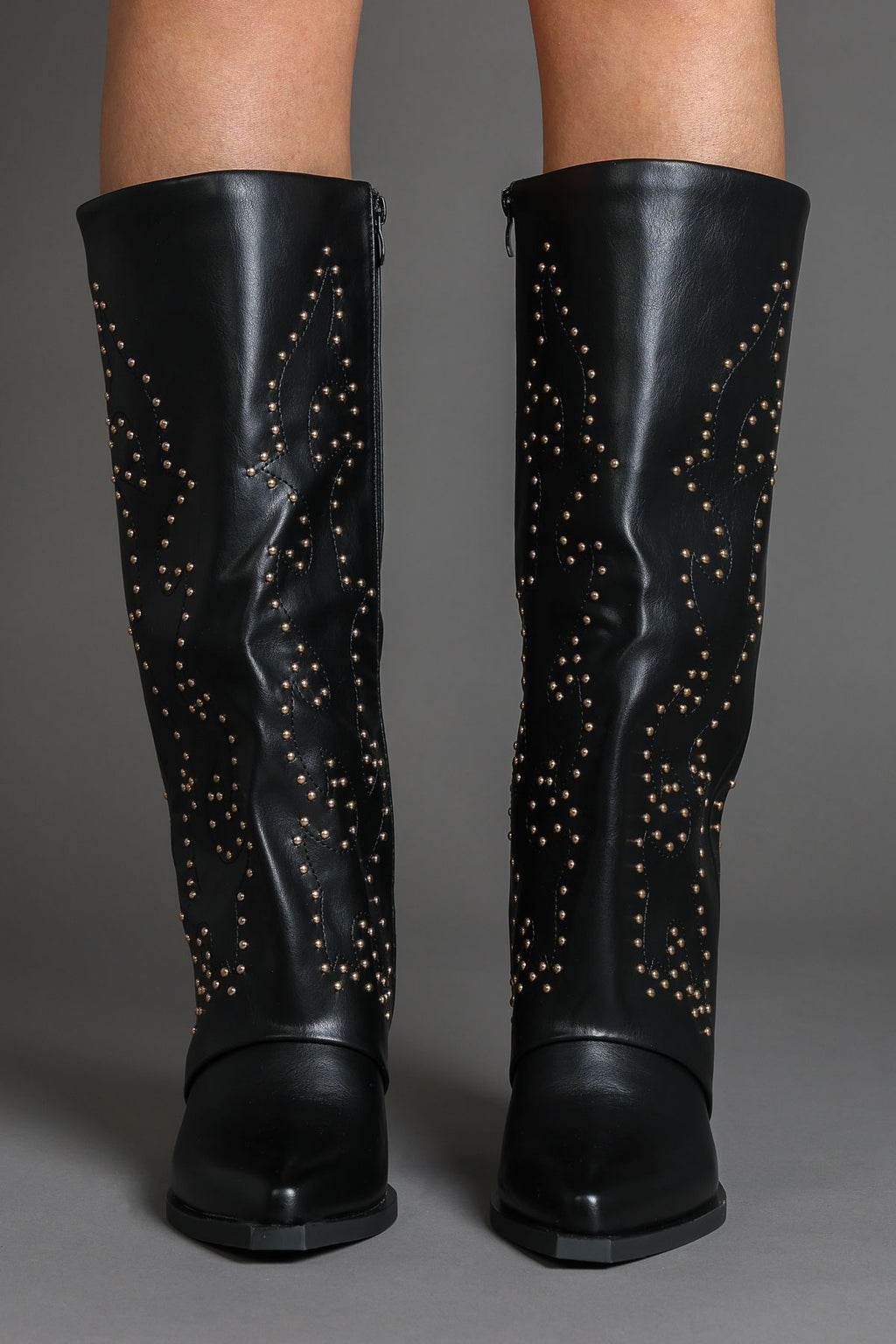 Black Faux Leather Studded Slouchy Western Cowboy Boots