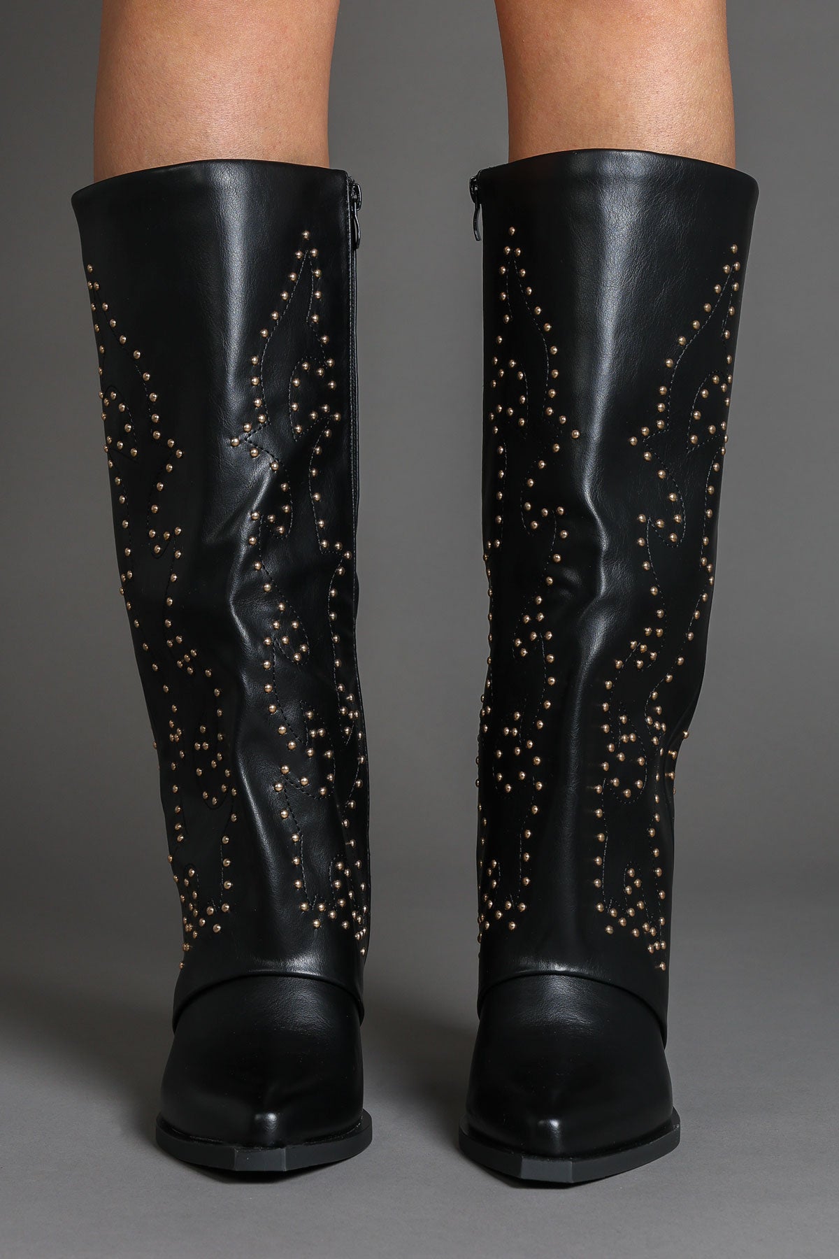 Black Faux Leather Studded Slouchy Western Cowboy Boots