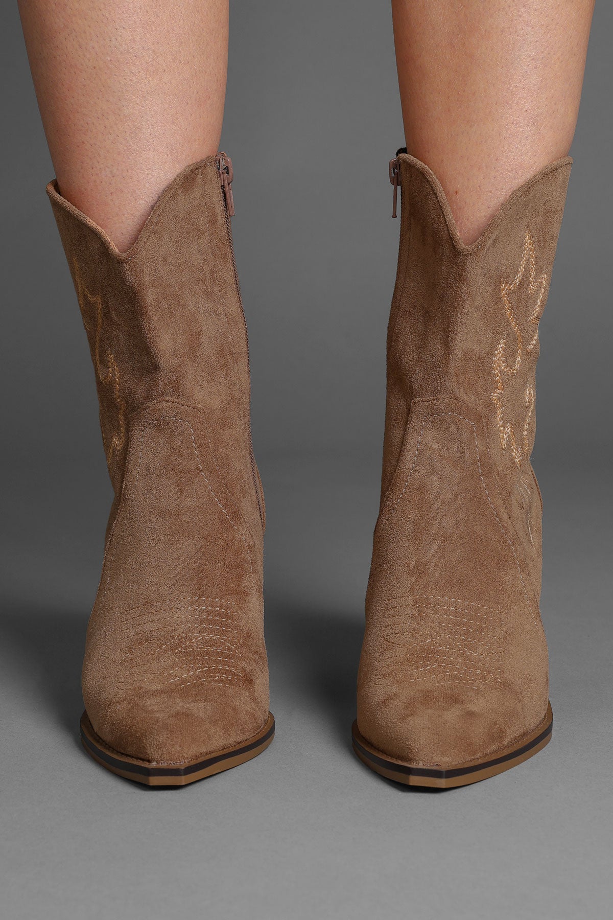 Tan Faux Suede Embroidered Classic Western Ankle Cowboy Boots