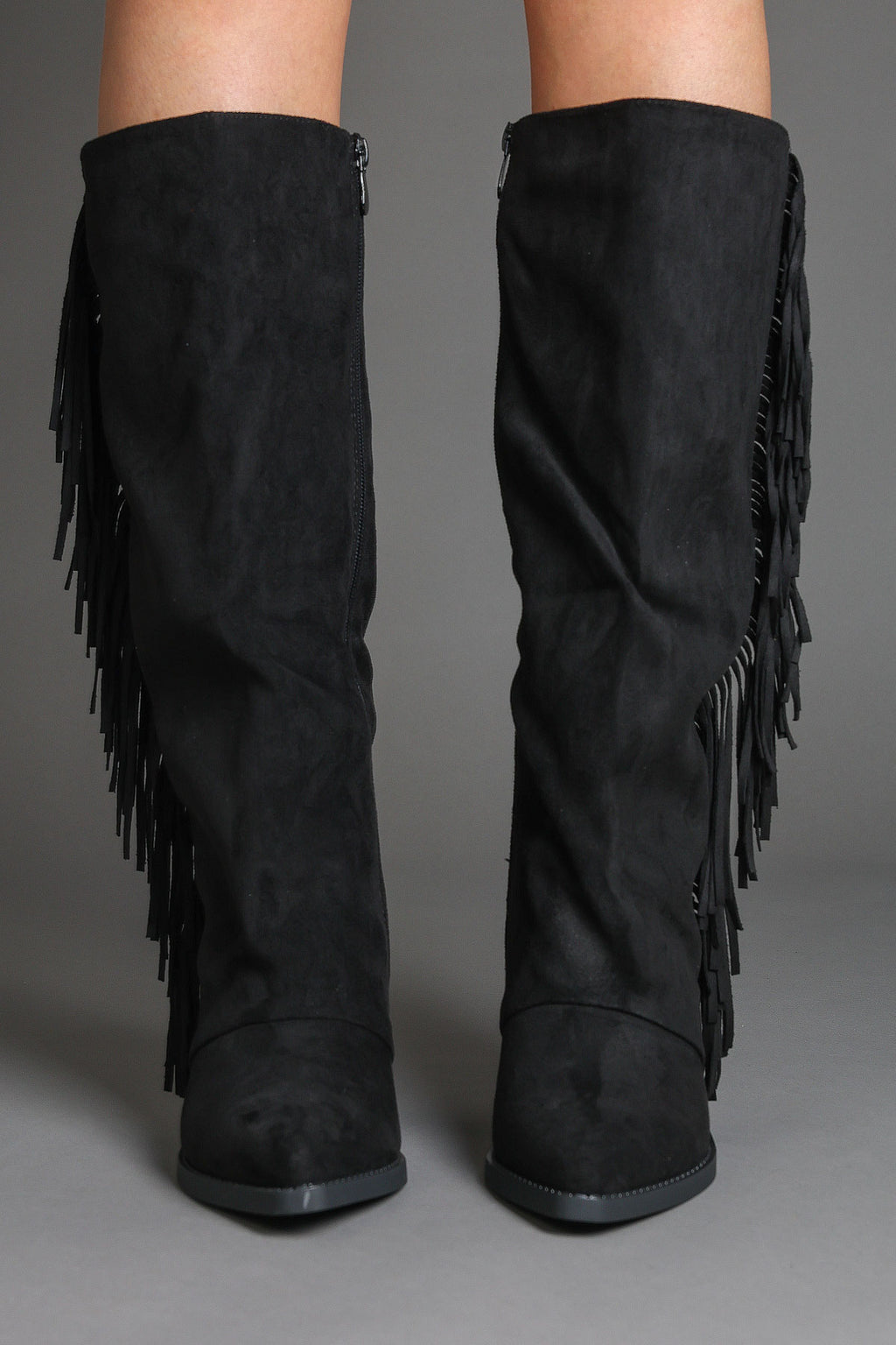 Black Faux Suede Fringe Slouchy Knee-High Western Cowboy Boots