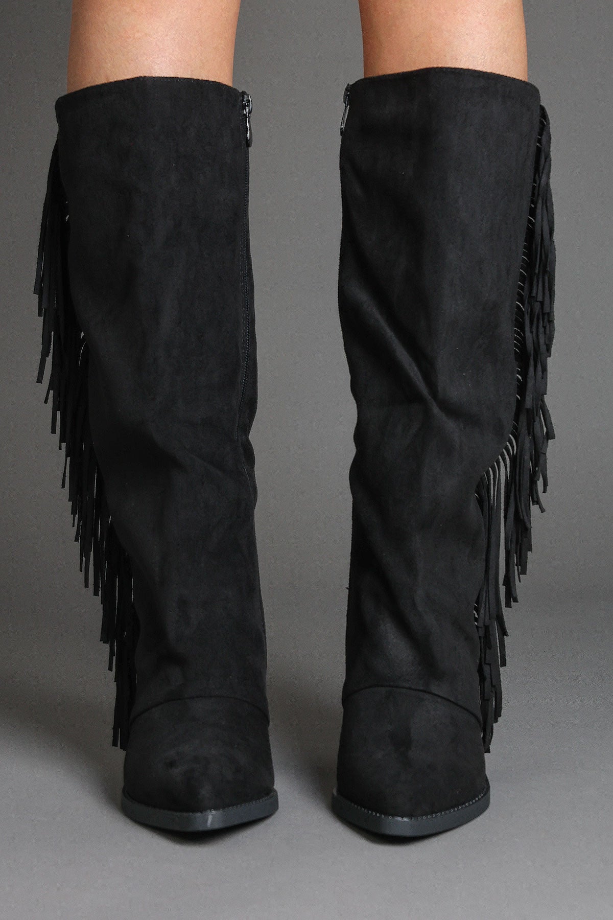 Black Faux Suede Fringe Slouchy Knee-High Western Cowboy Boots