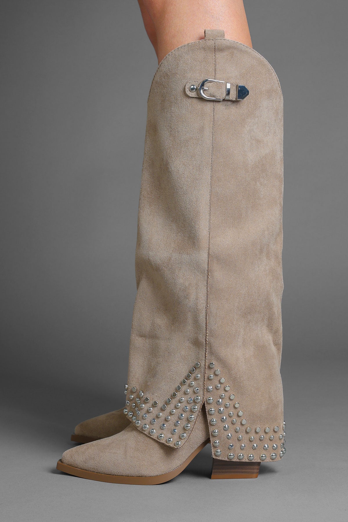 Taupe Suede Studded Fold Over Slouch Western Cowboy Boots