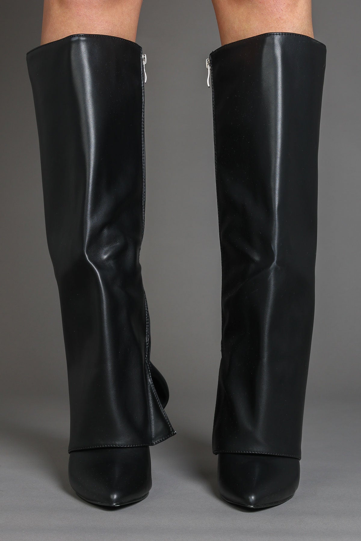 Black Faux Leather Stiletto Slouchy Fold Over Knee-High Boots