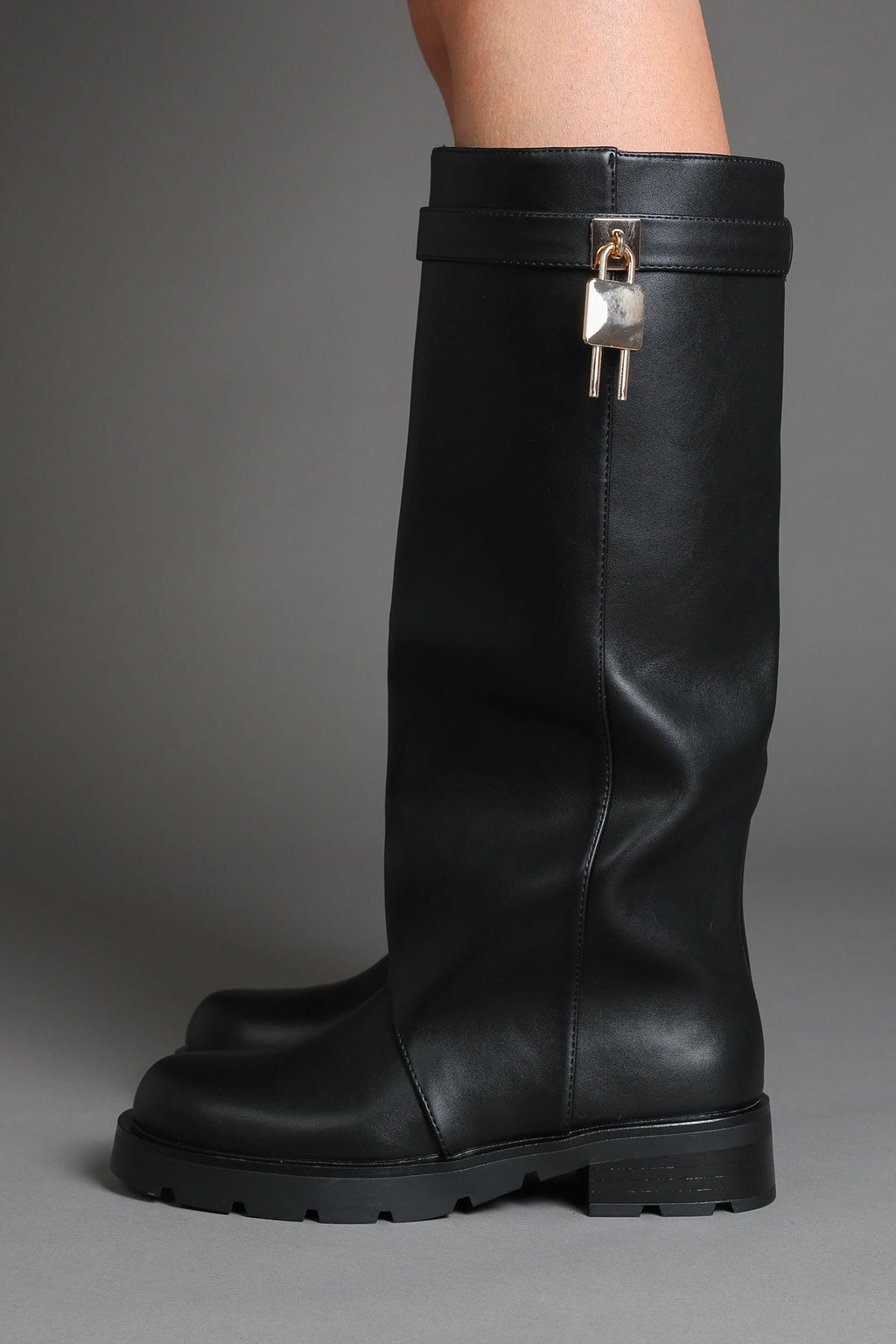 Black Chunky Lug Sole Riding Boots with Gold Padlock Detail