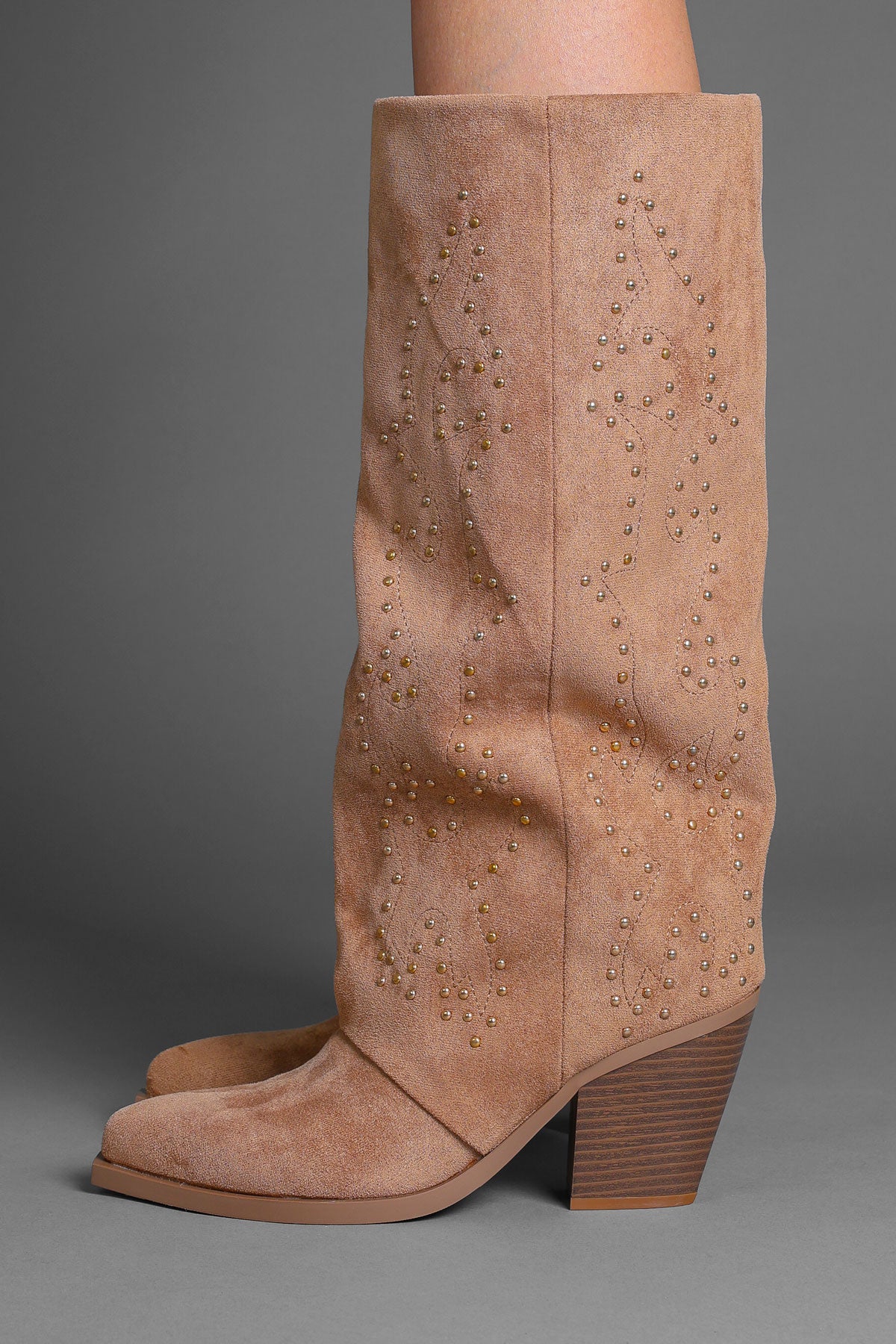 Tan Faux Suede Studded Slouchy Western Cowboy Boots