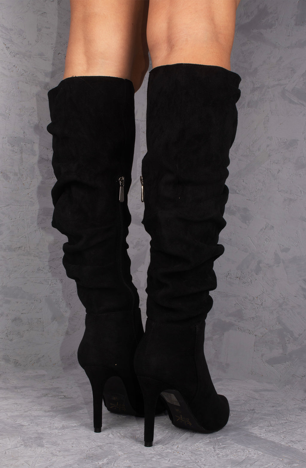 Black Ruched Pointed Toe Stiletto High Heel Knee High Boots