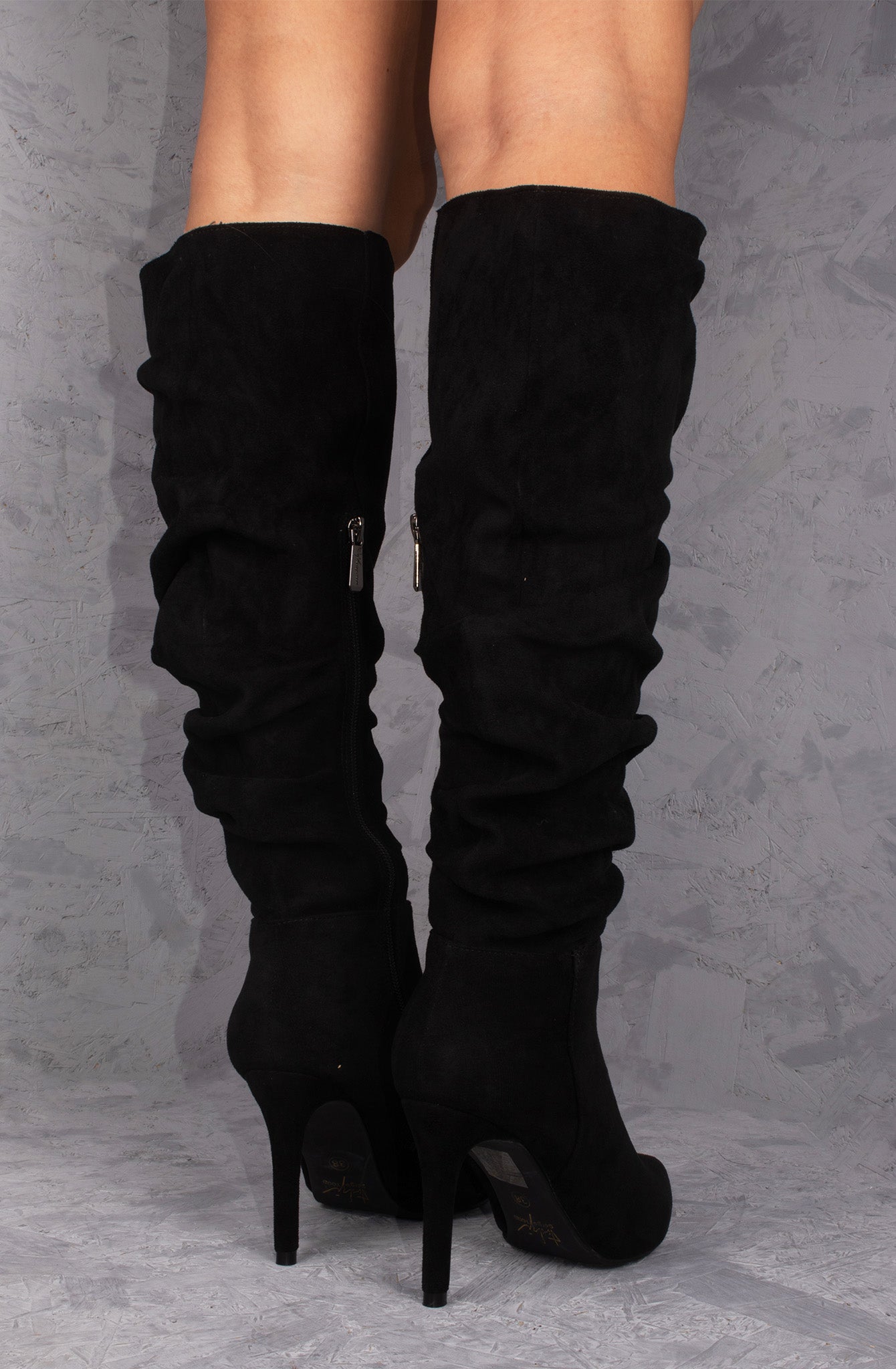 Black Ruched Pointed Toe Stiletto High Heel Knee High Boots