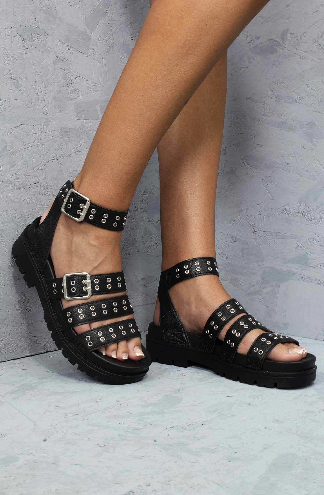 Eyed Up Chunky Platform Eyelet Sandals Black