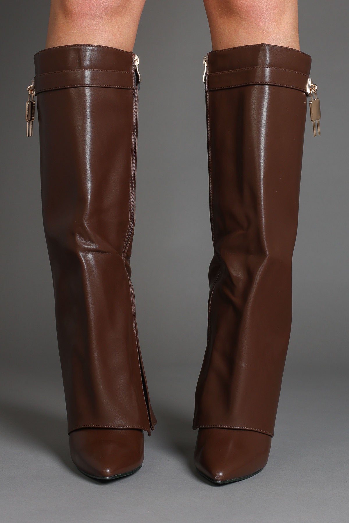 Brown Faux Leather Fold Over Padlock Detail Slouchy Shark Boots