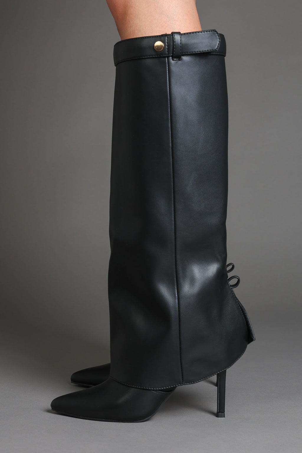 Black Fold Over Stiletto Boots with Pointed Toe