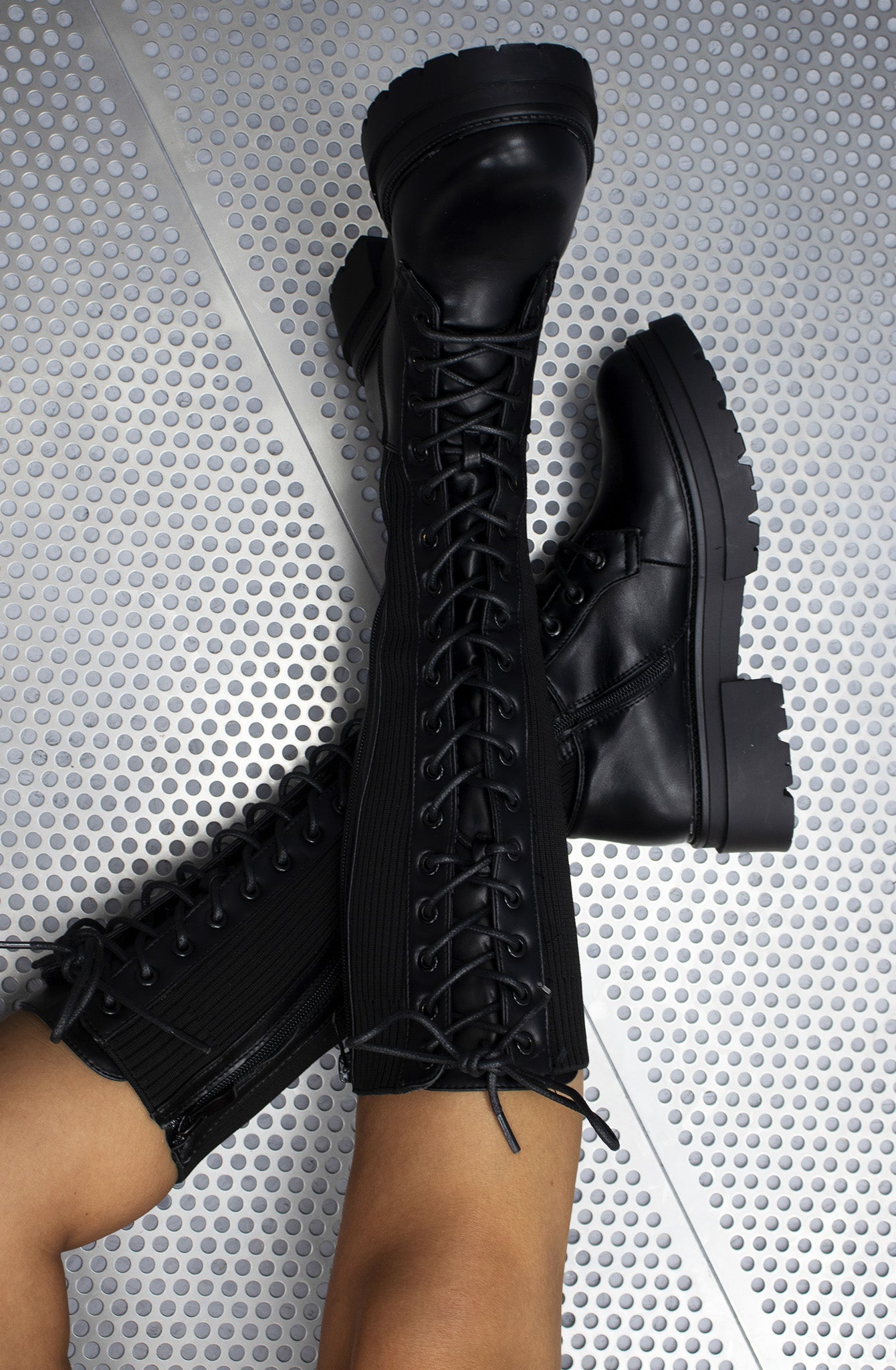 Rock Star Laced Up Faux Leather Midi Boots Black