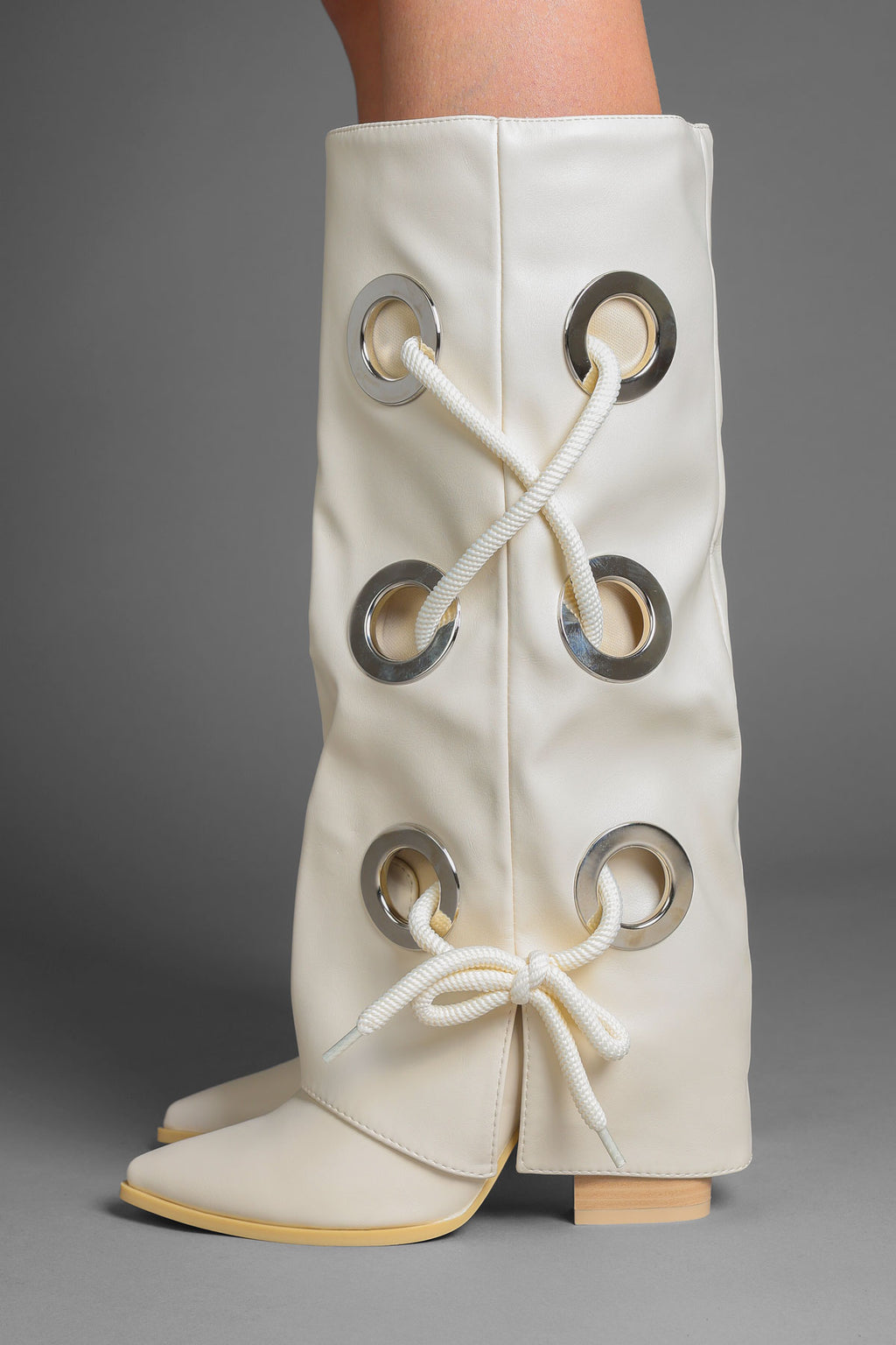 Beige Faux Leather Fold Over Lace Detail Knee-High