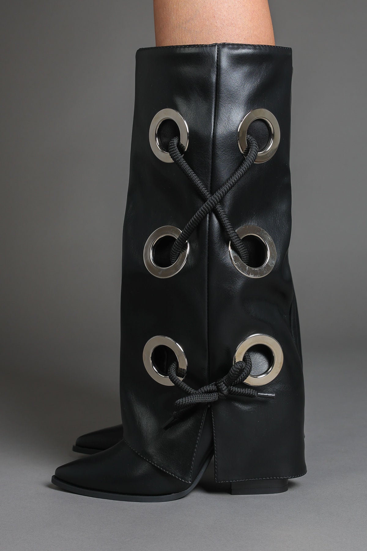 Black Faux Leather Fold Over Lace Detail Knee-High