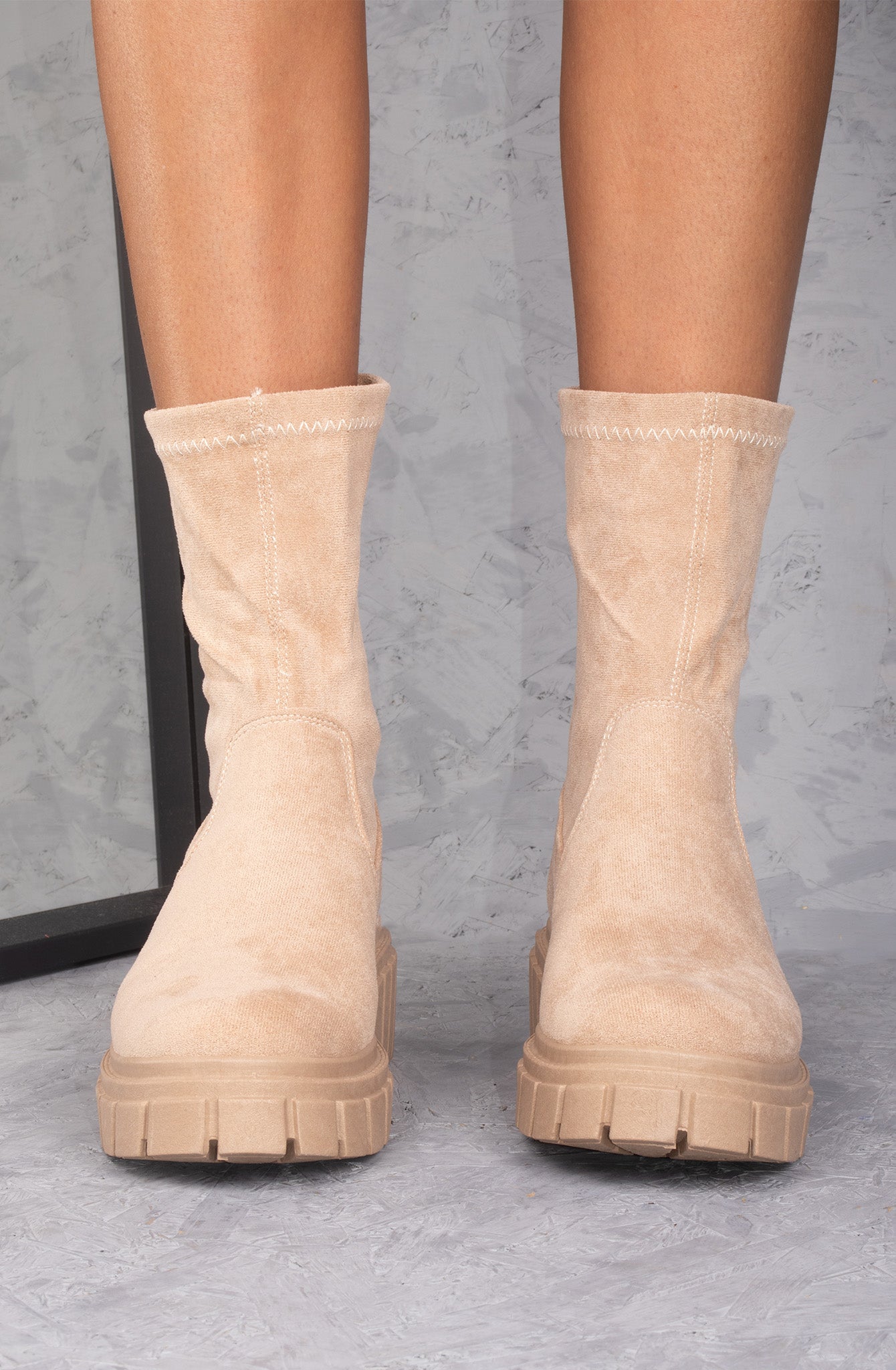 Beige Faux Suede Ankle Sock Boot