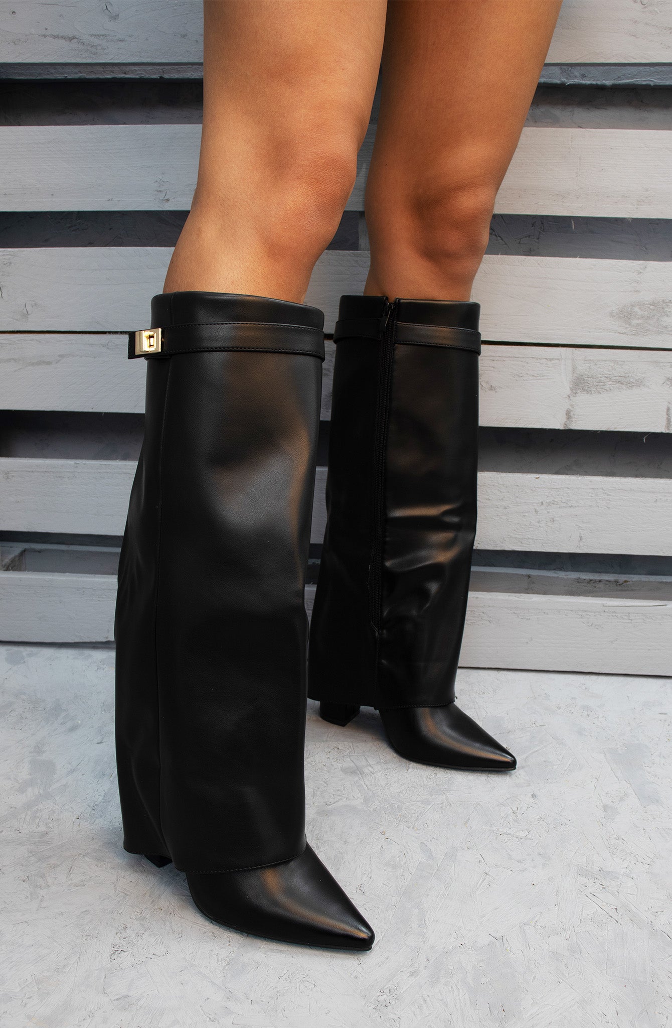Black Leather Fold Over Shark Classic Buckle Knee High Boot