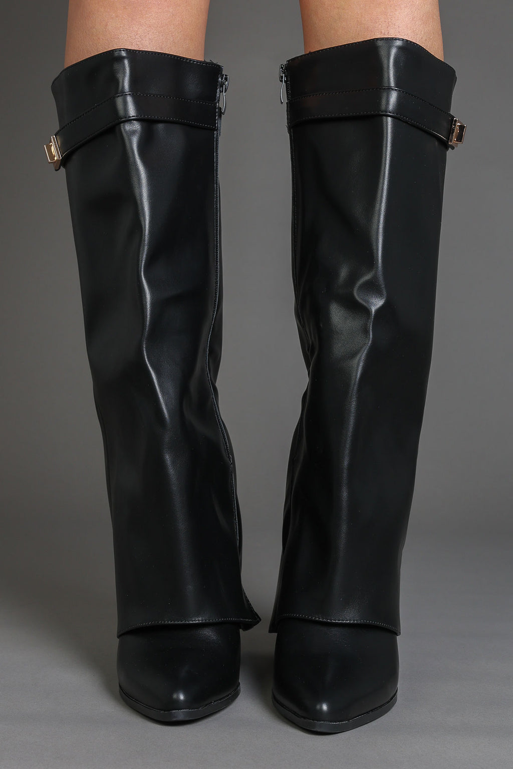 Black Faux Leather Slouchy Fold-Over Boots with Buckle Detail