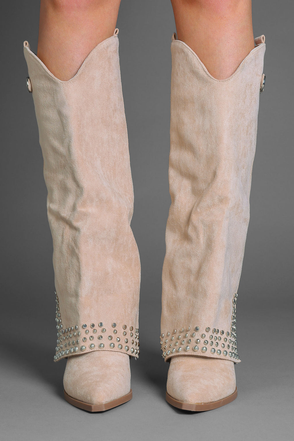 Beige Faux Suede Studded Fold Over Slouch Western Cowboy Boots