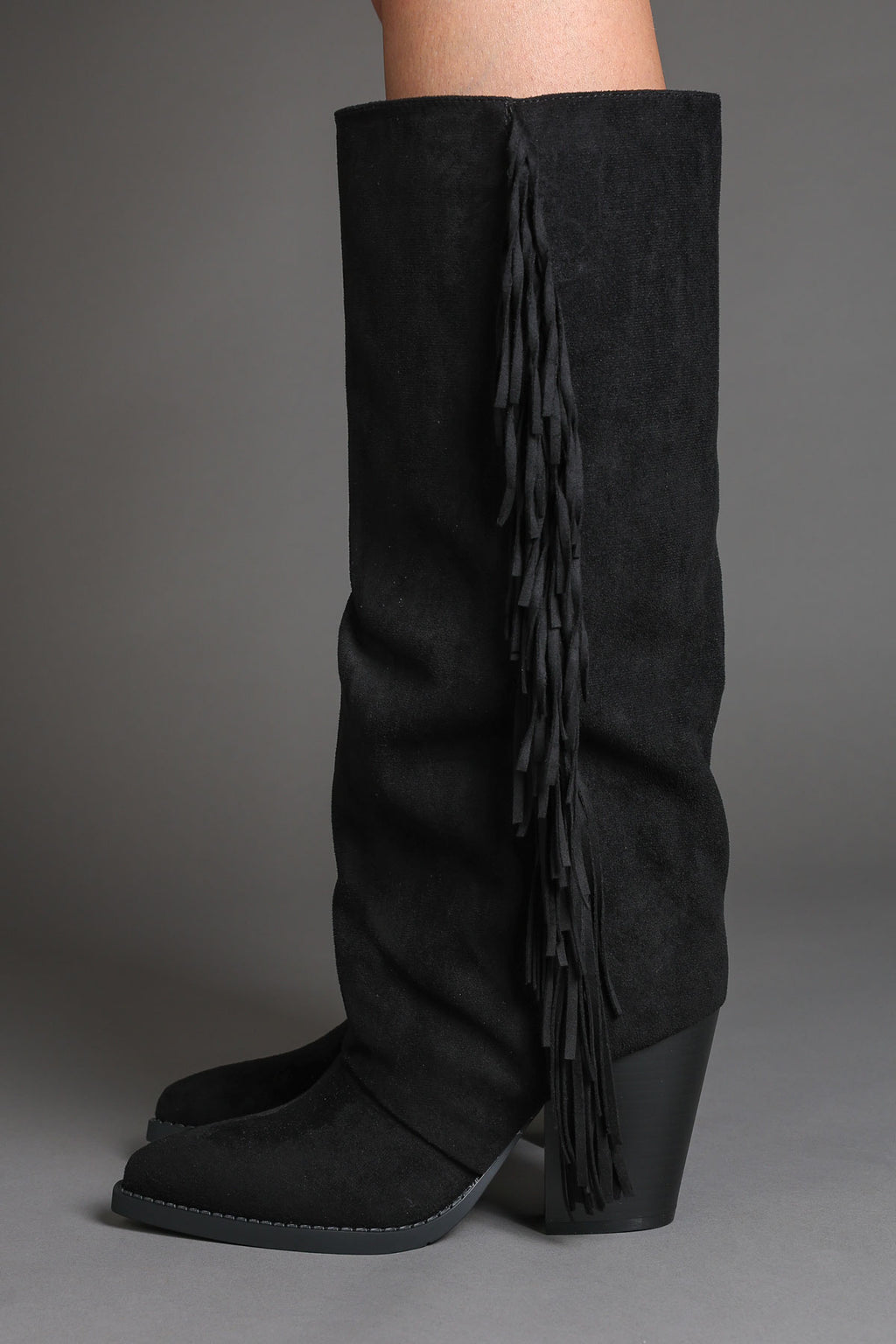 Black Faux Suede Fringe Slouchy Knee-High Western Cowboy Boots