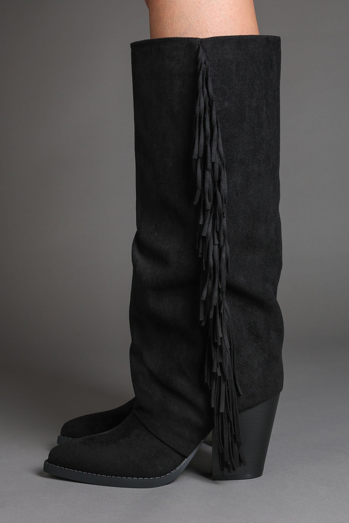Black Faux Suede Fringe Slouchy Knee-High Western Cowboy Boots