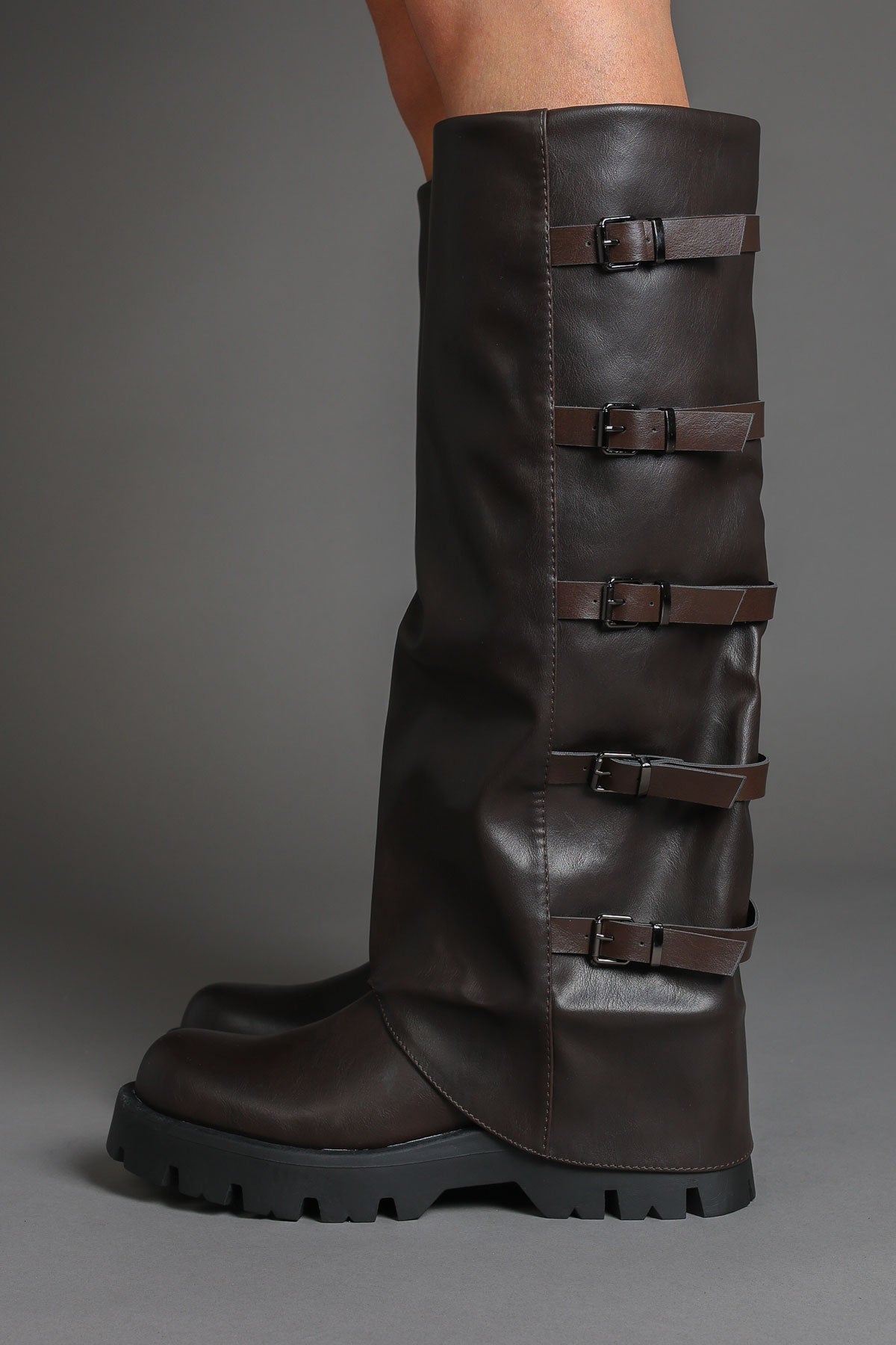Brown Buckle Detail Fold Over Chunky Biker Boots