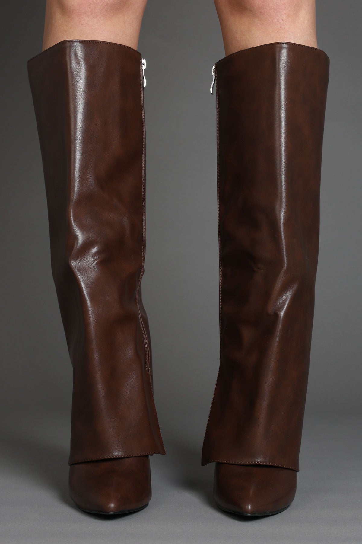 Brown Faux Leather Stiletto Slouchy Fold Over Knee-High Boots