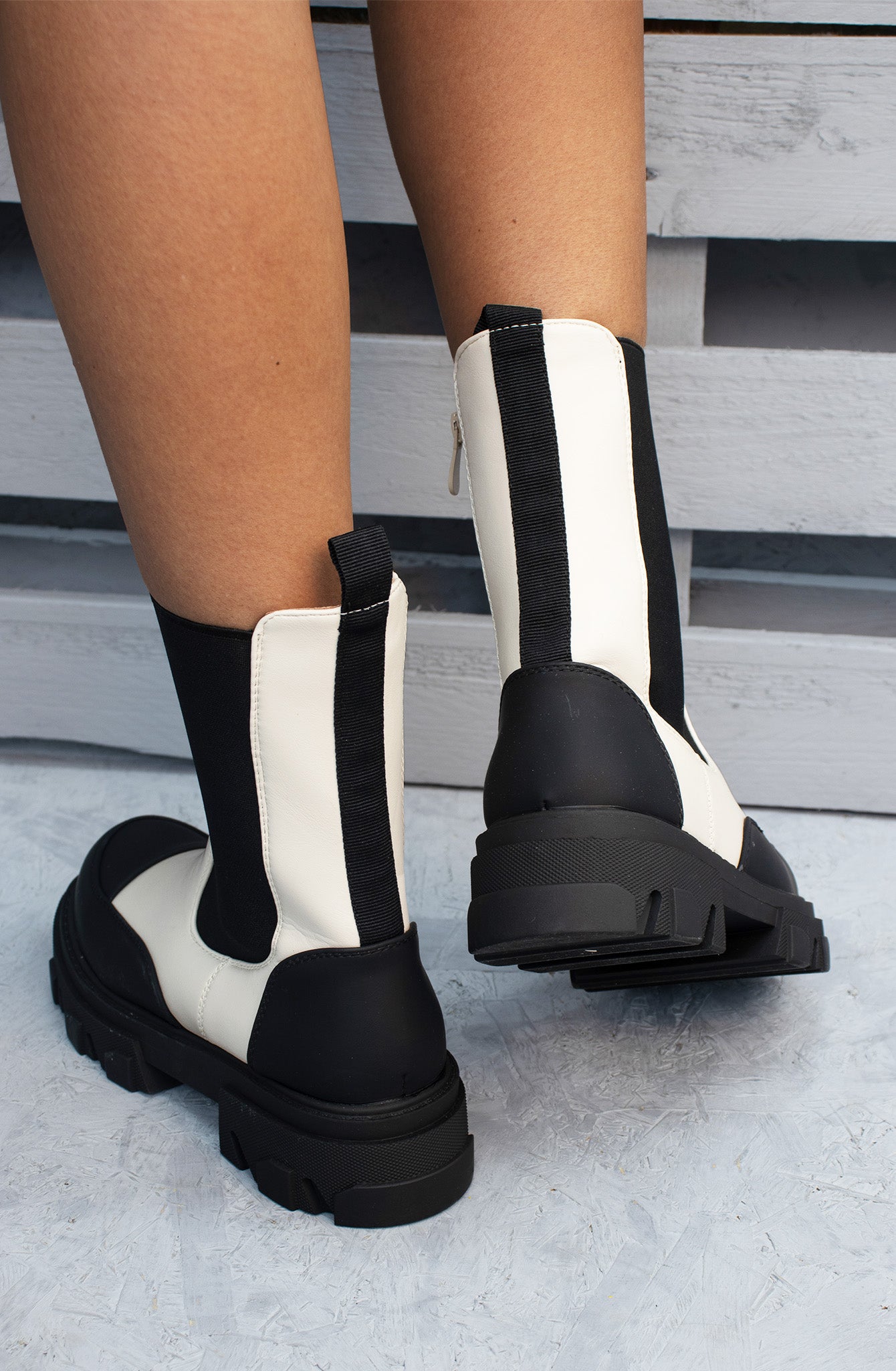 Black Beige Calf Length Chunky Faux Leather Chelsea Boots